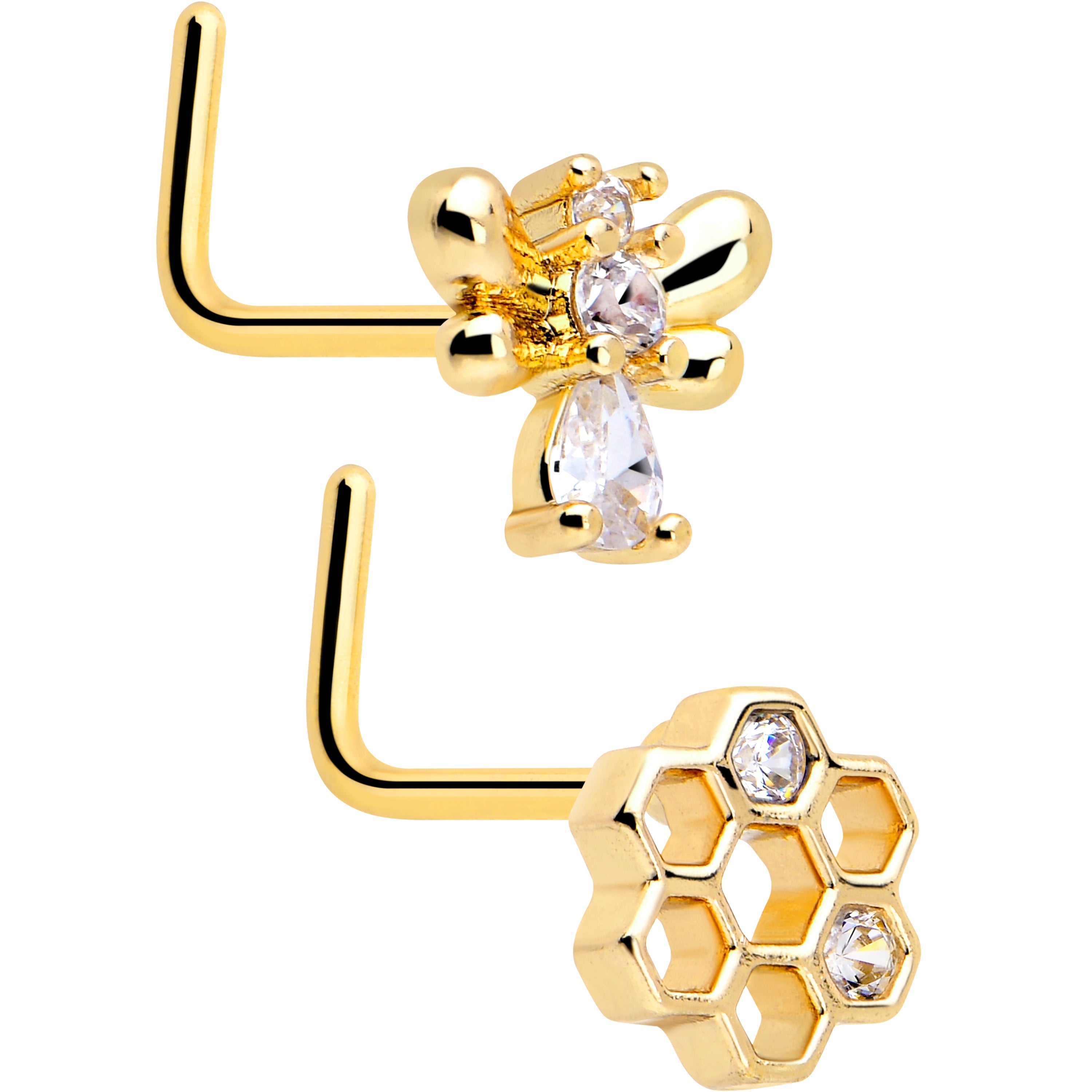 BodyCandy 20G 7mm Clear CZ Gem Gold Tone Bee Hive Luv L Shape Nose Ring Set of 2 — main product shot