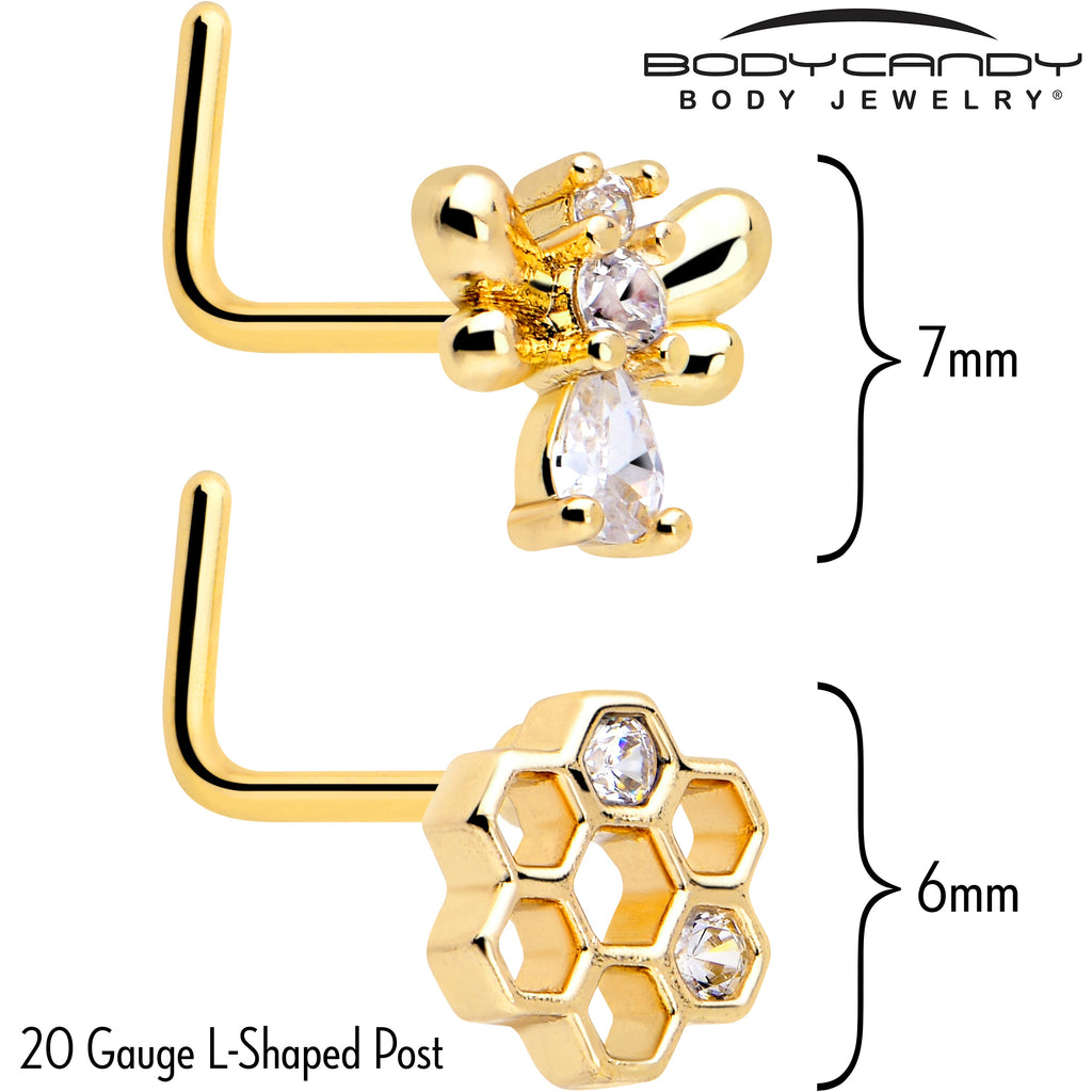 BodyCandy 20G 7mm Clear CZ Gem Gold Tone Bee Hive Luv L Shape Nose Ring Set of 2 — detail close-up
