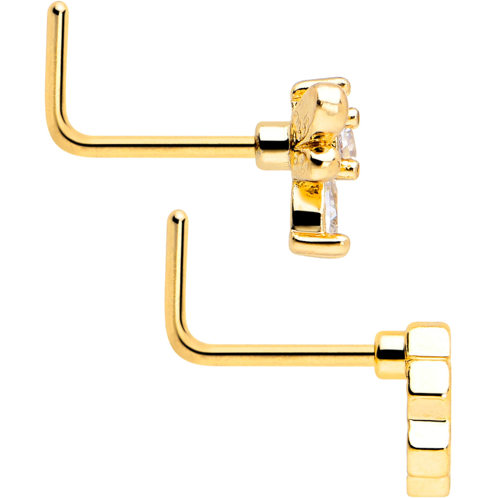 BodyCandy 20G 7mm Clear CZ Gem Gold Tone Bee Hive Luv L Shape Nose Ring Set of 2 — side view