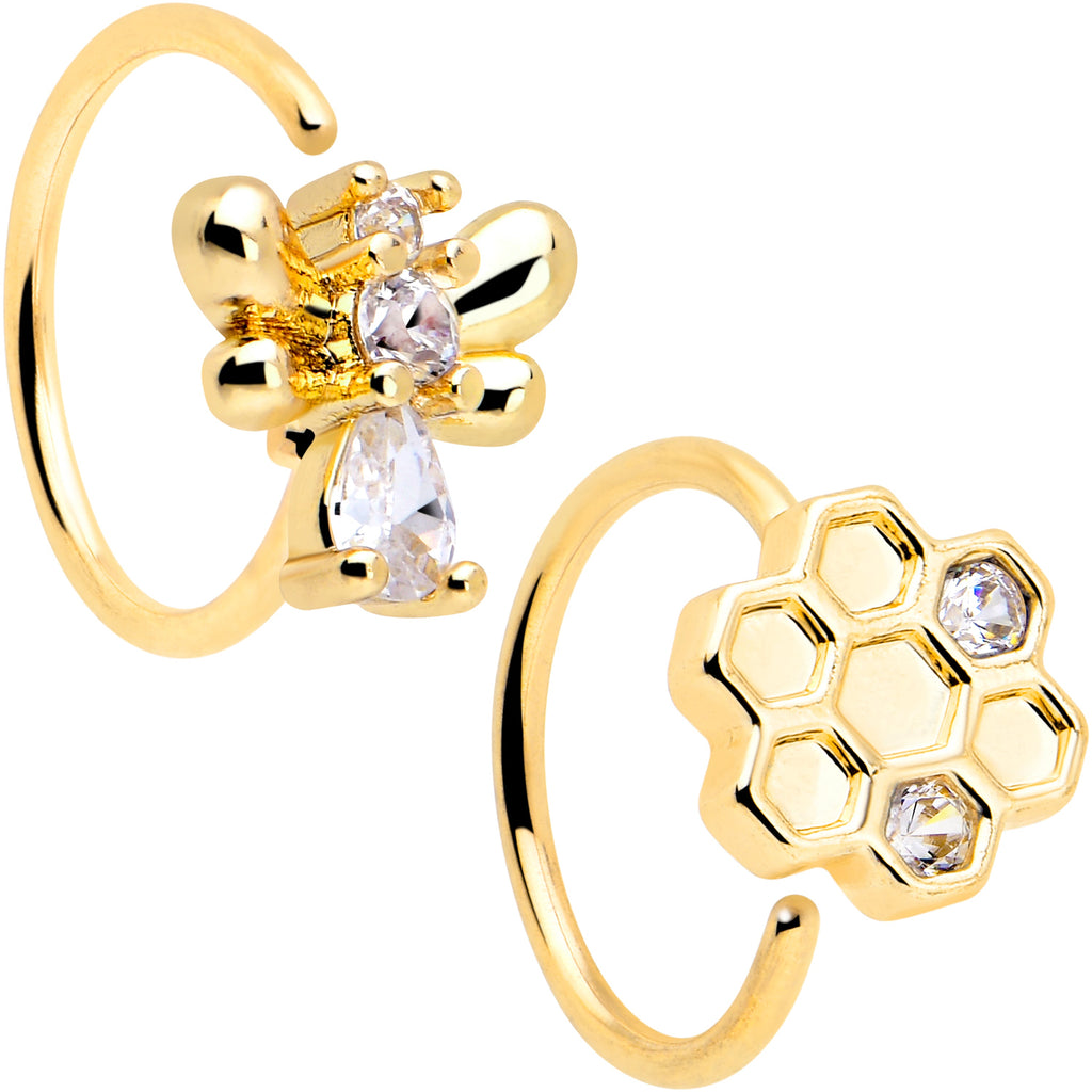 BodyCandy 20G 5/16 Clear CZ Gem Gold Tone Bee Hive Luv Nose Hoop Set of 2 — main product shot