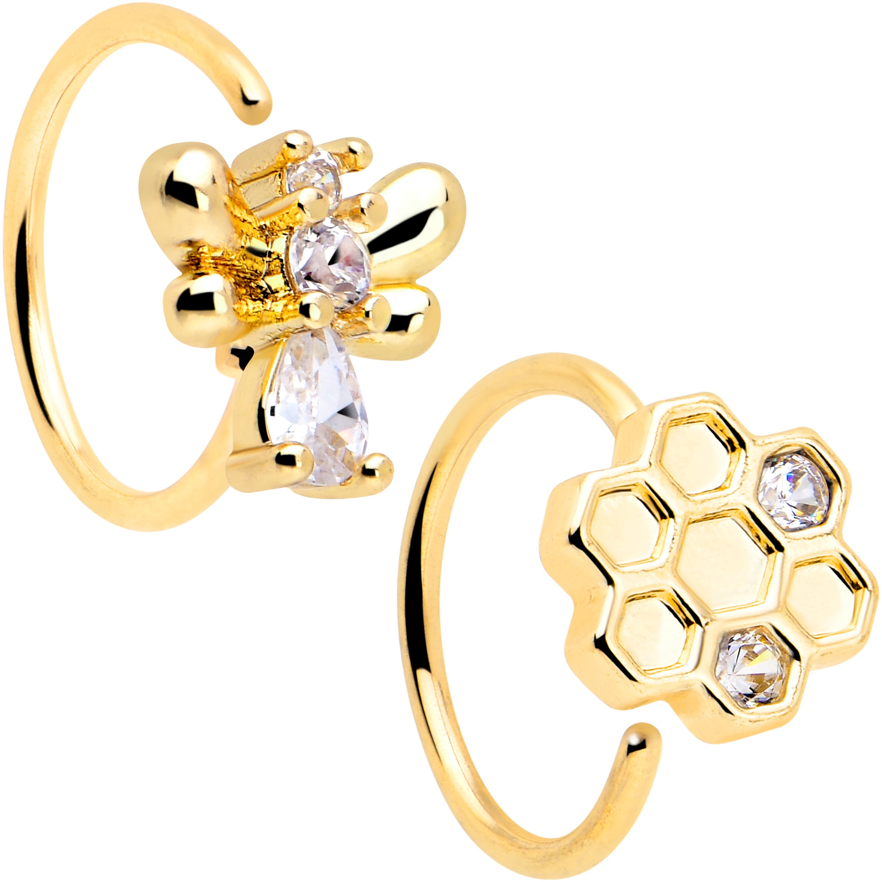 BodyCandy 20G 5/16 Clear CZ Gem Gold Tone Bee Hive Luv Nose Hoop Set of 2 — main product shot
