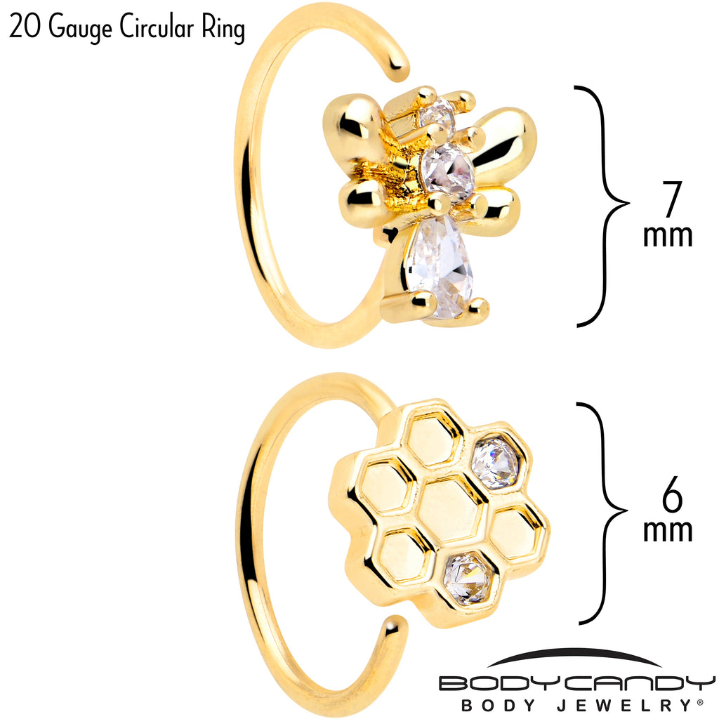 BodyCandy 20G 5/16 Clear CZ Gem Gold Tone Bee Hive Luv Nose Hoop Set of 2 — detail close-up