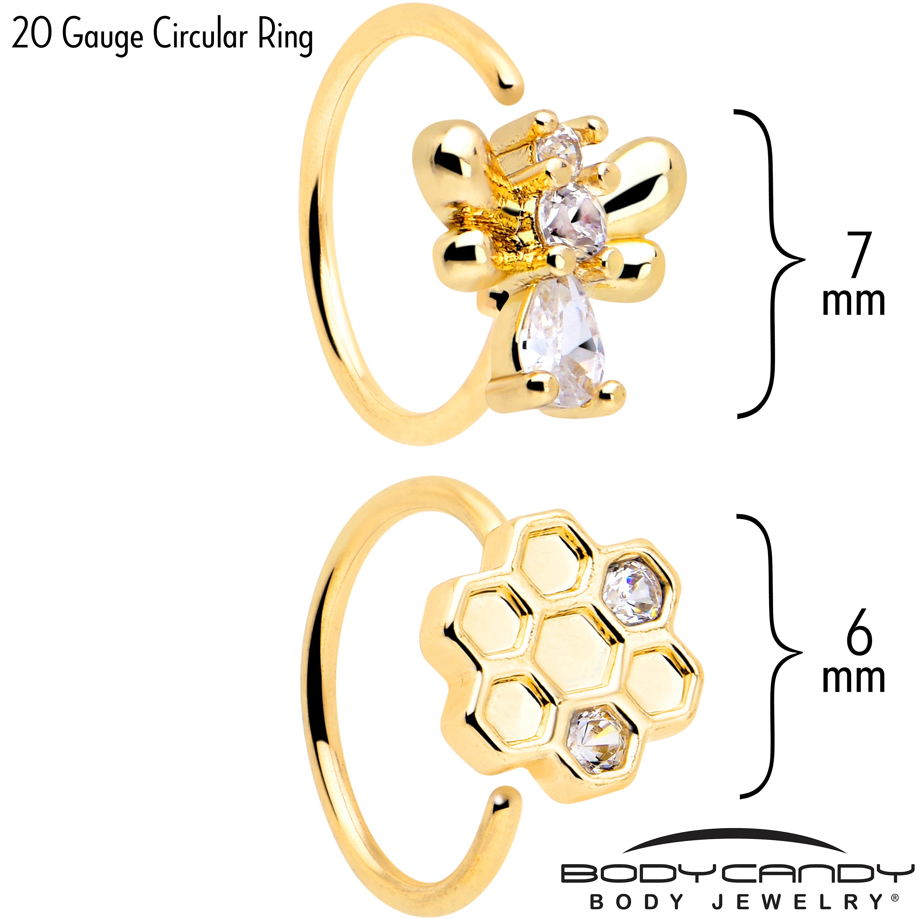 BodyCandy 20G 5/16 Clear CZ Gem Gold Tone Bee Hive Luv Nose Hoop Set of 2 — detail close-up