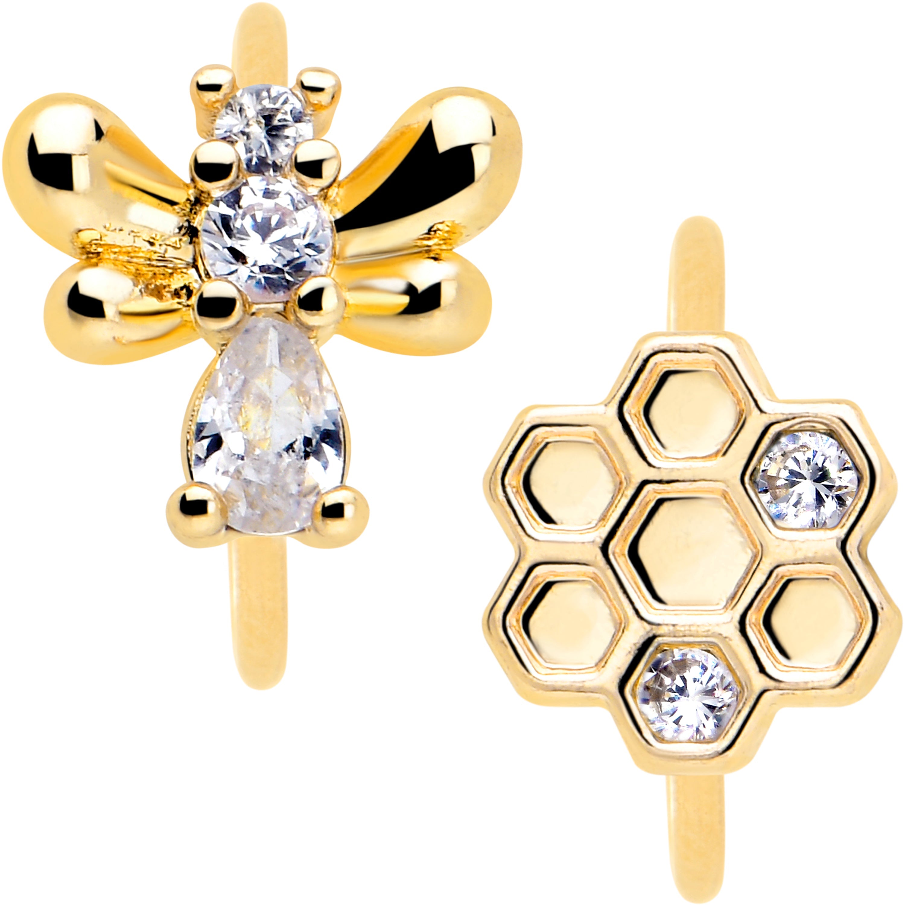 BodyCandy 20G 5/16 Clear CZ Gem Gold Tone Bee Hive Luv Nose Hoop Set of 2 — lifestyle context
