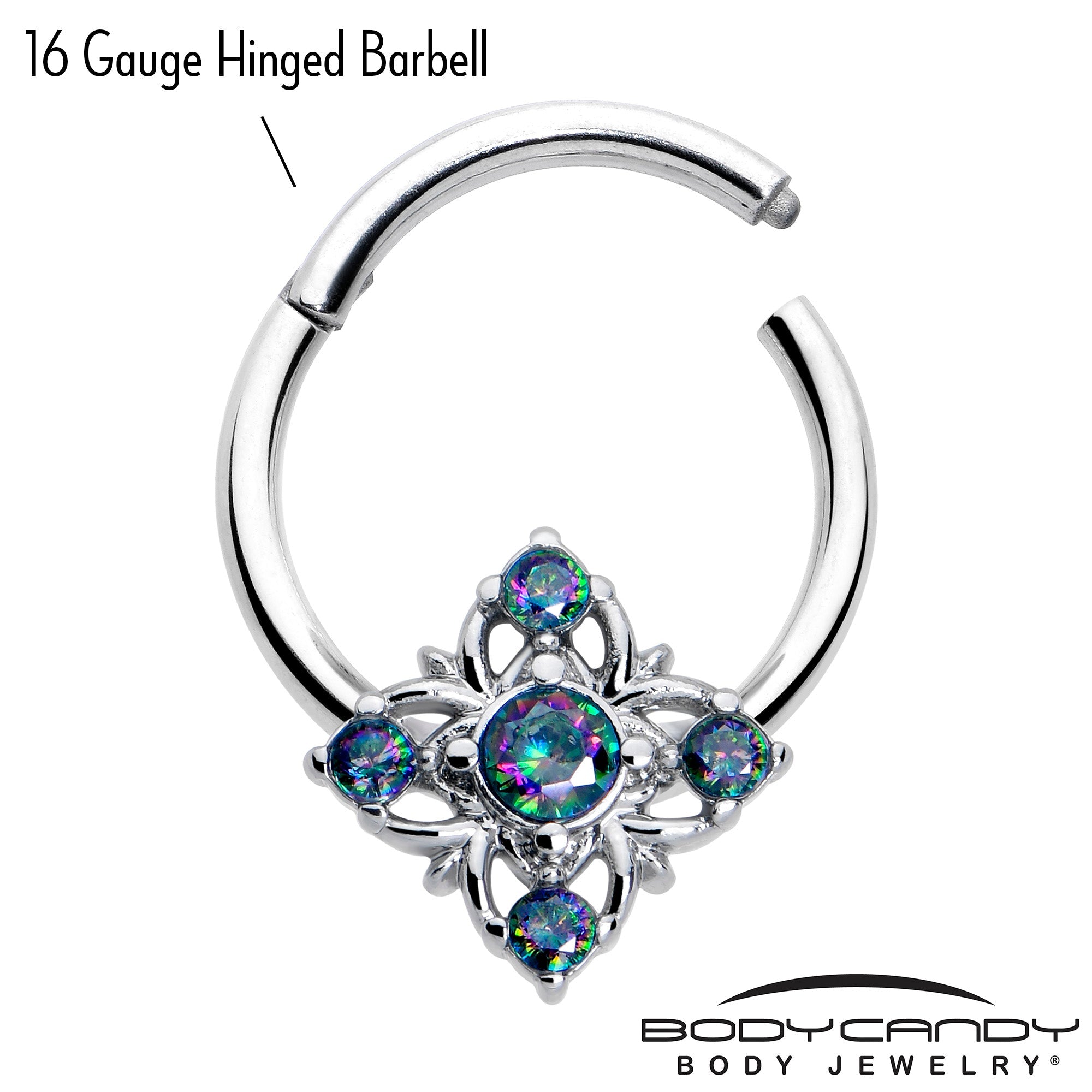 BodyCandy 16G 3/8 Vitrail CZ Gem Beauty Cross Hinged Segment Ring — detail close-up