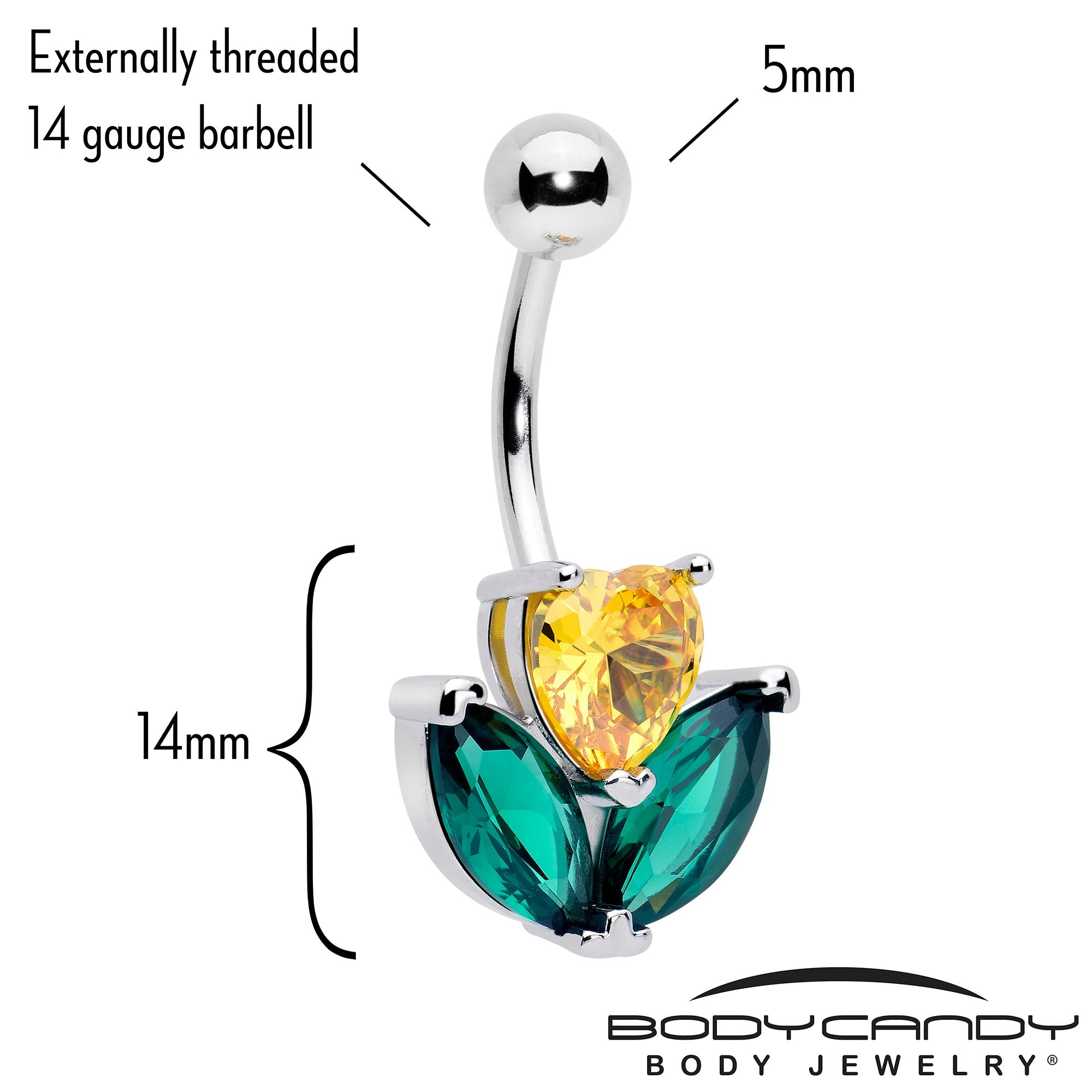 BodyCandy Green Yellow CZ Gem Love Flower Belly Ring — detail close-up