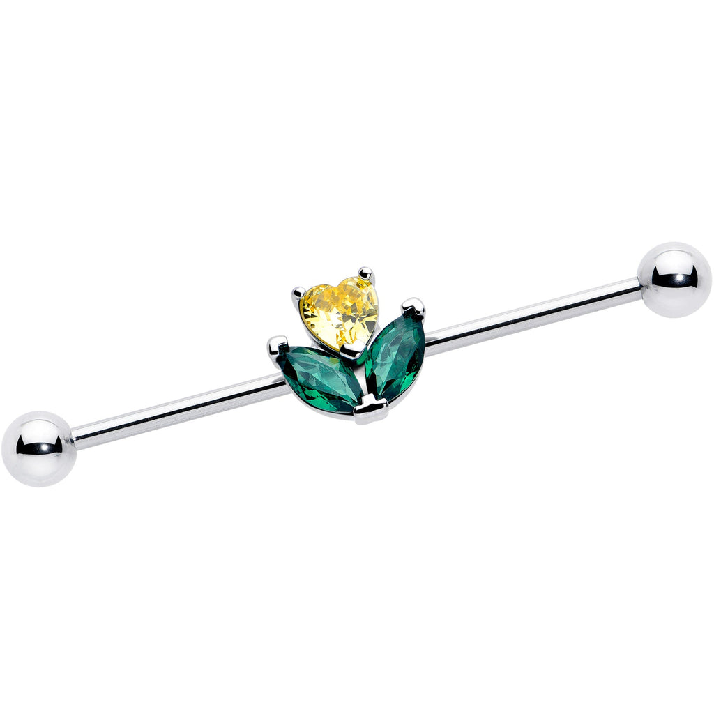 BodyCandy 14G Yellow Green CZ Gem Love Flower Industrial Barbell 38mm — main product shot