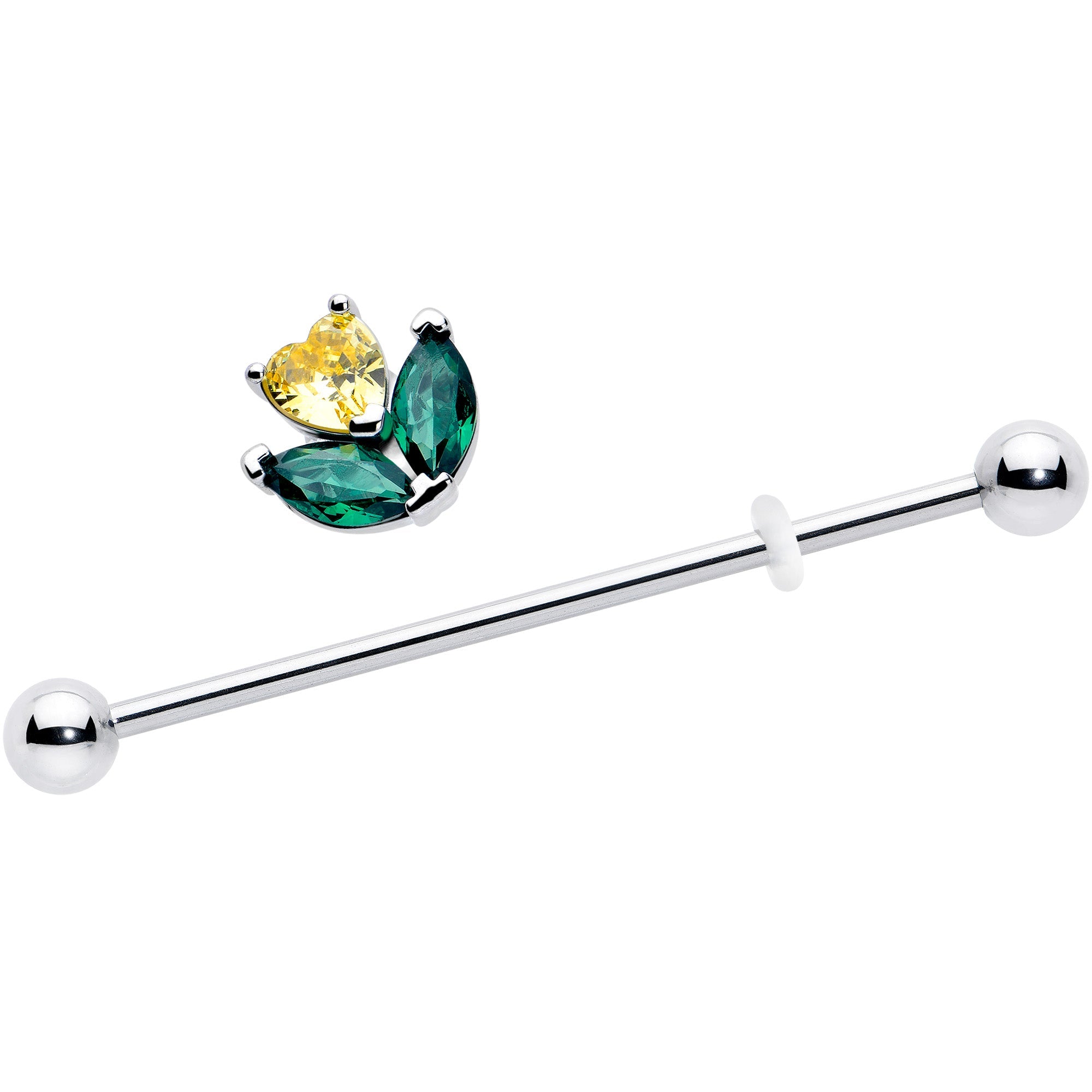 BodyCandy 14G Yellow Green CZ Gem Love Flower Industrial Barbell 38mm — detail close-up