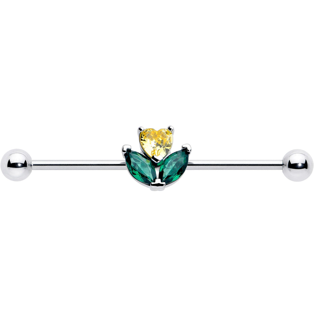 BodyCandy 14G Yellow Green CZ Gem Love Flower Industrial Barbell 38mm — lifestyle context