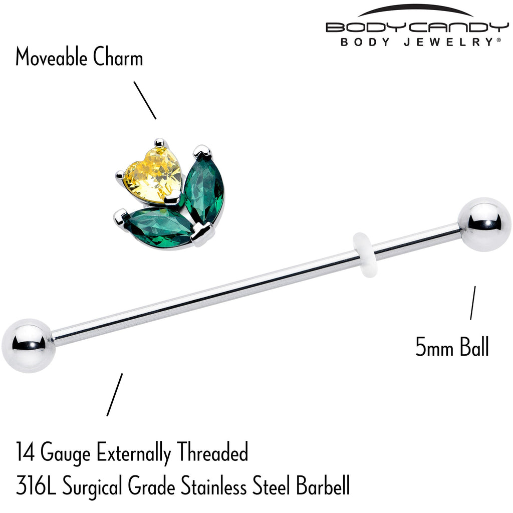 BodyCandy 14G Yellow Green CZ Gem Love Flower Industrial Barbell 38mm — side view