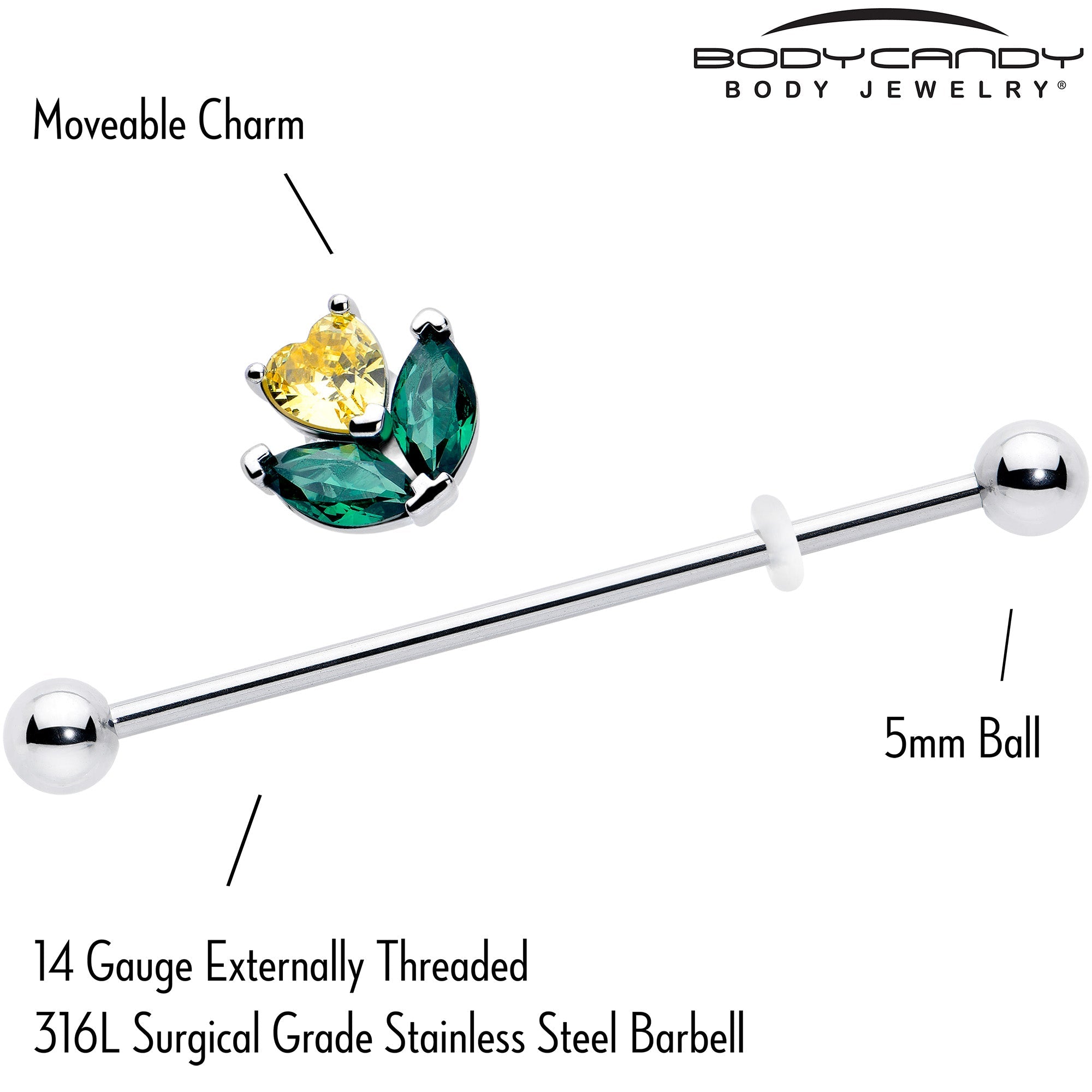 BodyCandy 14G Yellow Green CZ Gem Love Flower Industrial Barbell 38mm — side view