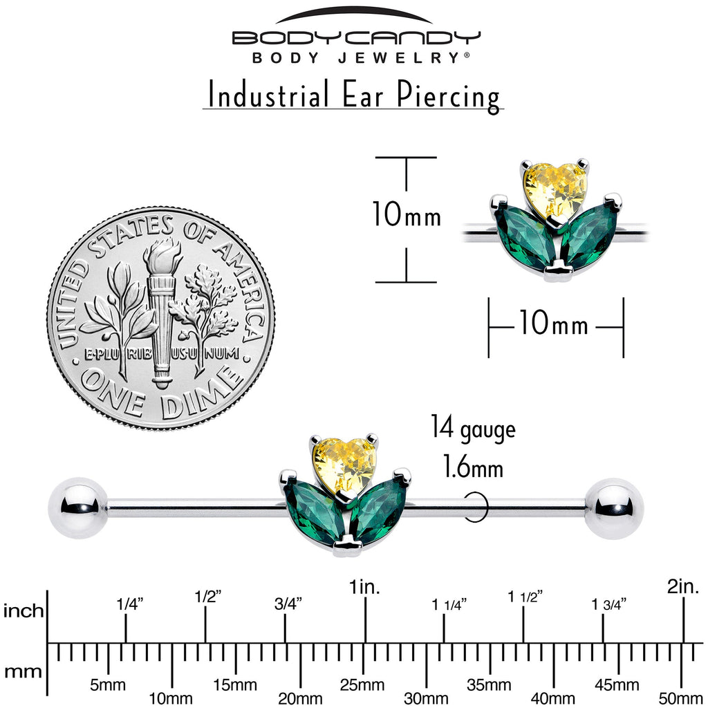 BodyCandy 14G Yellow Green CZ Gem Love Flower Industrial Barbell 38mm — back view