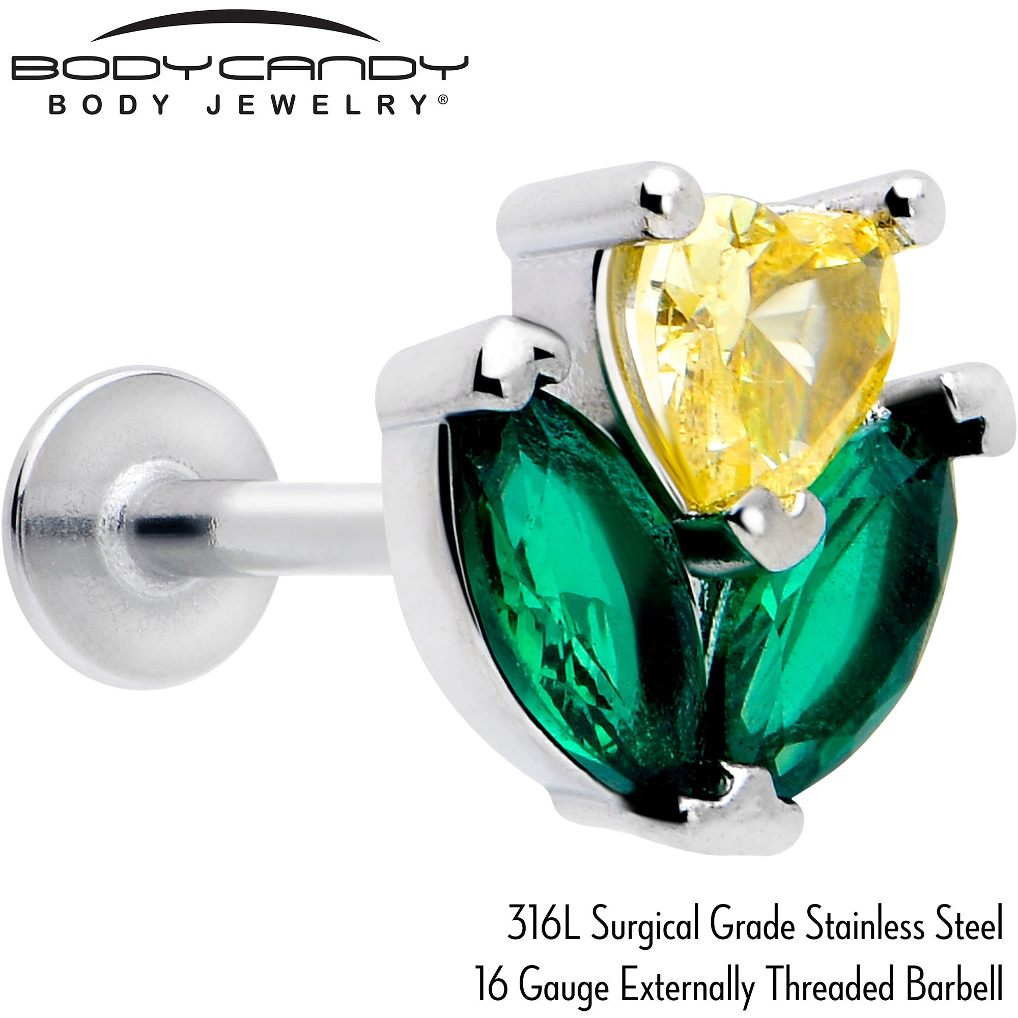 BodyCandy 16G 5/16 Yellow Green CZ Gem Love Flower Labret Monroe Tragus — detail close-up