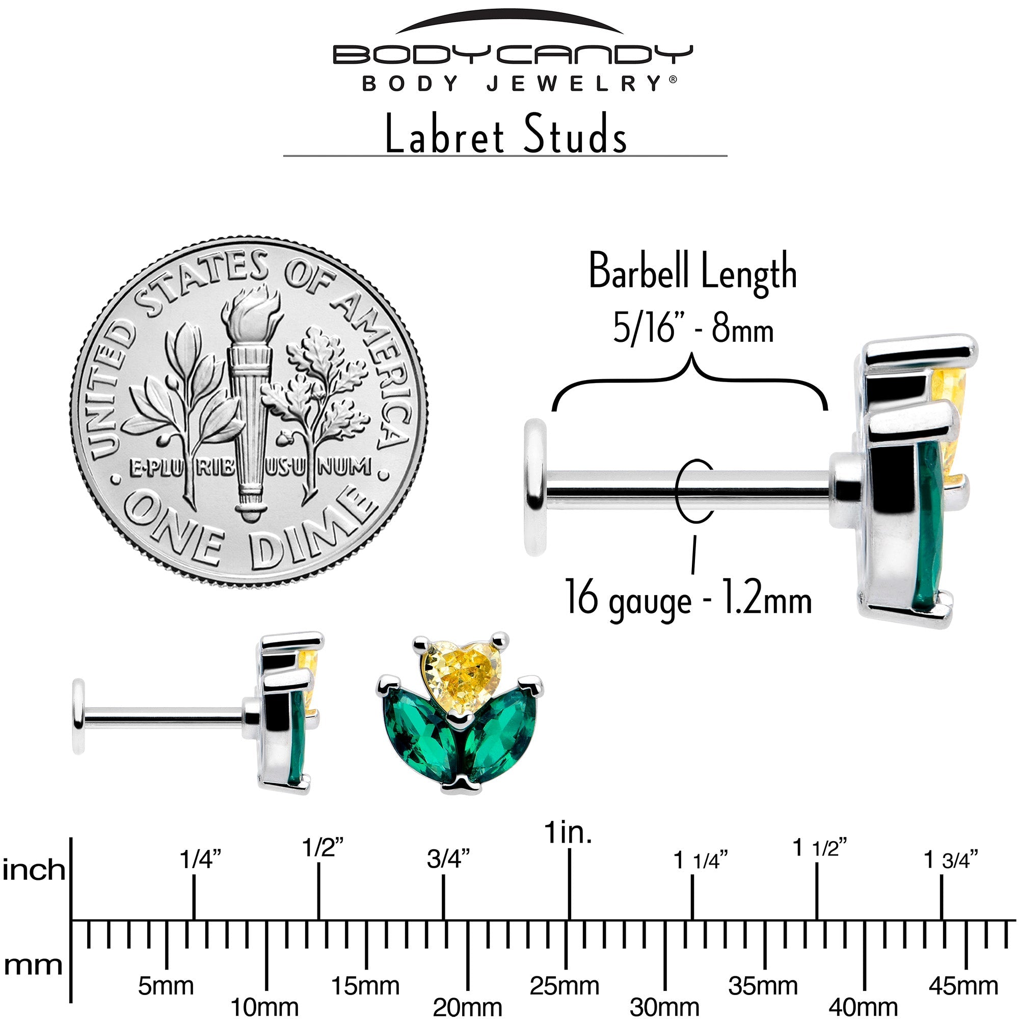 BodyCandy 16G 5/16 Yellow Green CZ Gem Love Flower Labret Monroe Tragus — back view