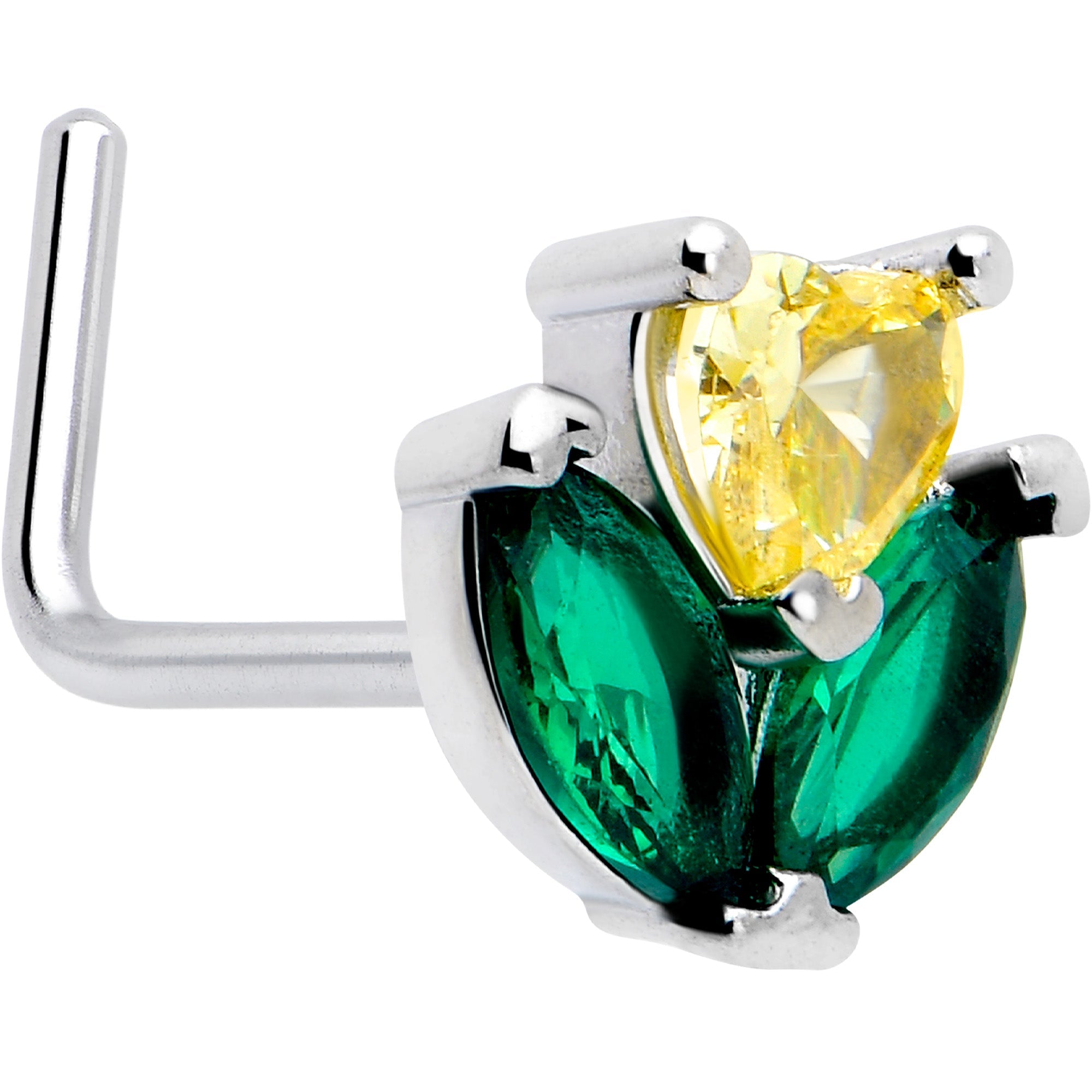 BodyCandy 20G 7mm Yellow Green CZ Gem Love Flower L Shape Nose Ring — main product shot