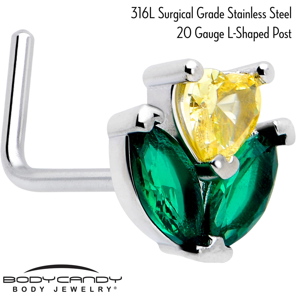 BodyCandy 20G 7mm Yellow Green CZ Gem Love Flower L Shape Nose Ring — detail close-up