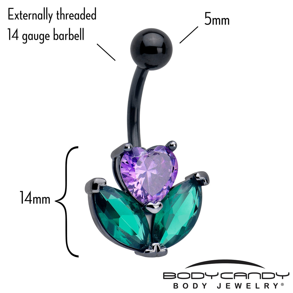 BodyCandy Purple Green CZ Gem Black Love Flower Belly Ring — detail close-up