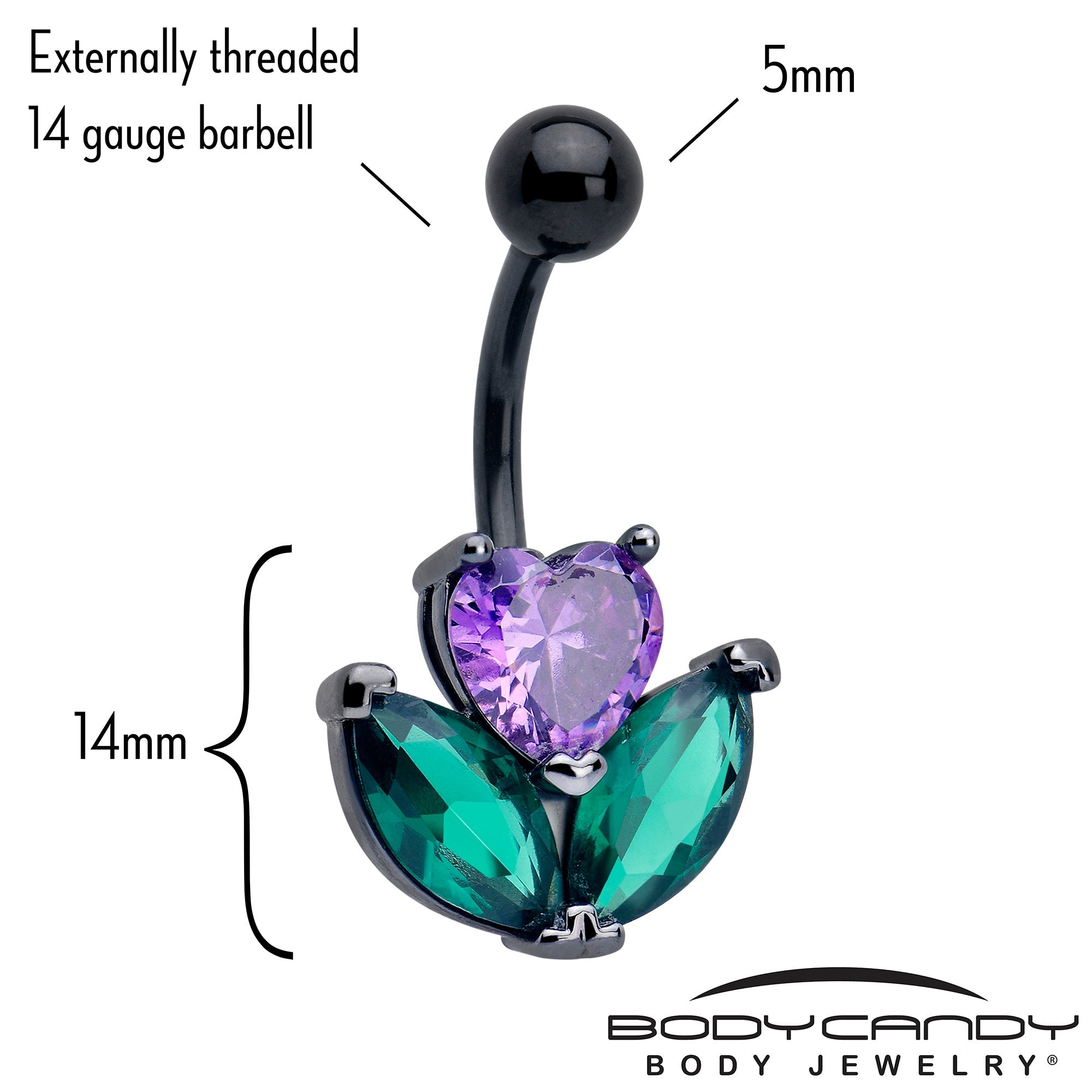 BodyCandy Purple Green CZ Gem Black Love Flower Belly Ring — detail close-up