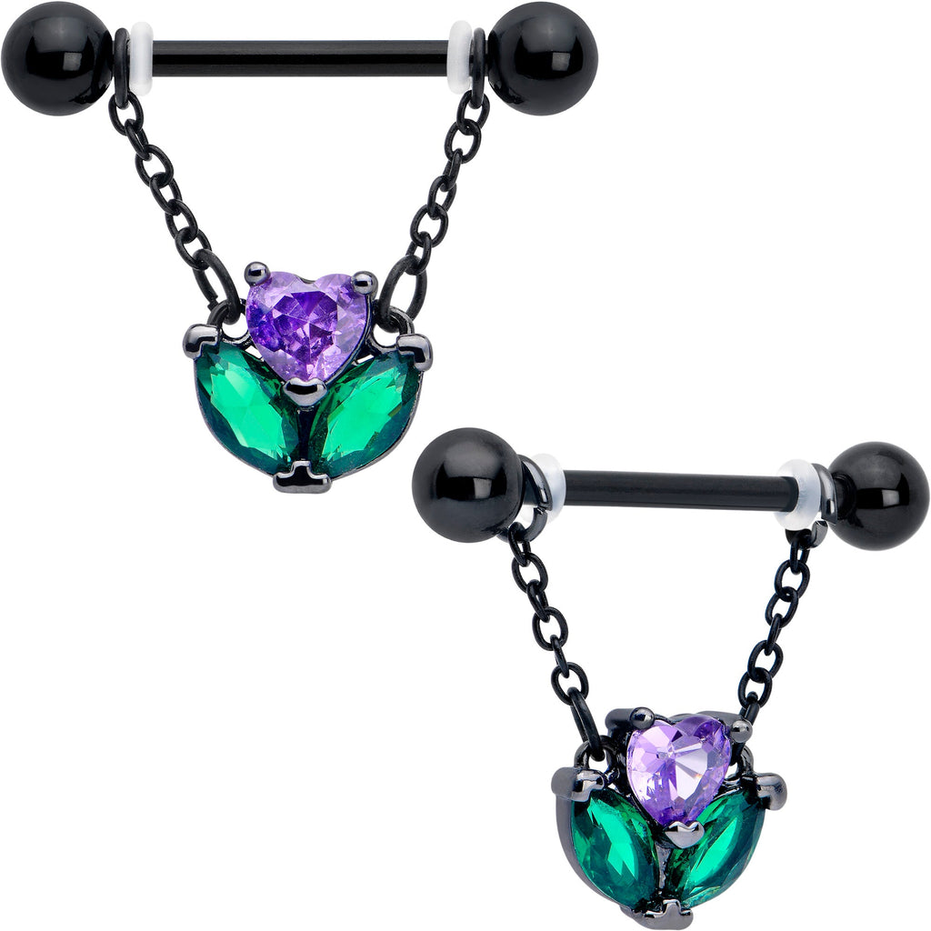 BodyCandy 14G 9/16 Purple CZ Gem Black Love Flower Dangle Nipple Ring Set — main product shot