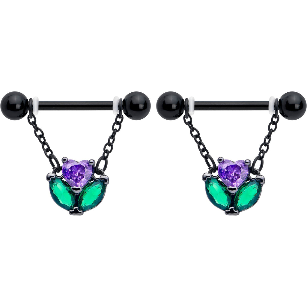 BodyCandy 14G 9/16 Purple CZ Gem Black Love Flower Dangle Nipple Ring Set — detail close-up