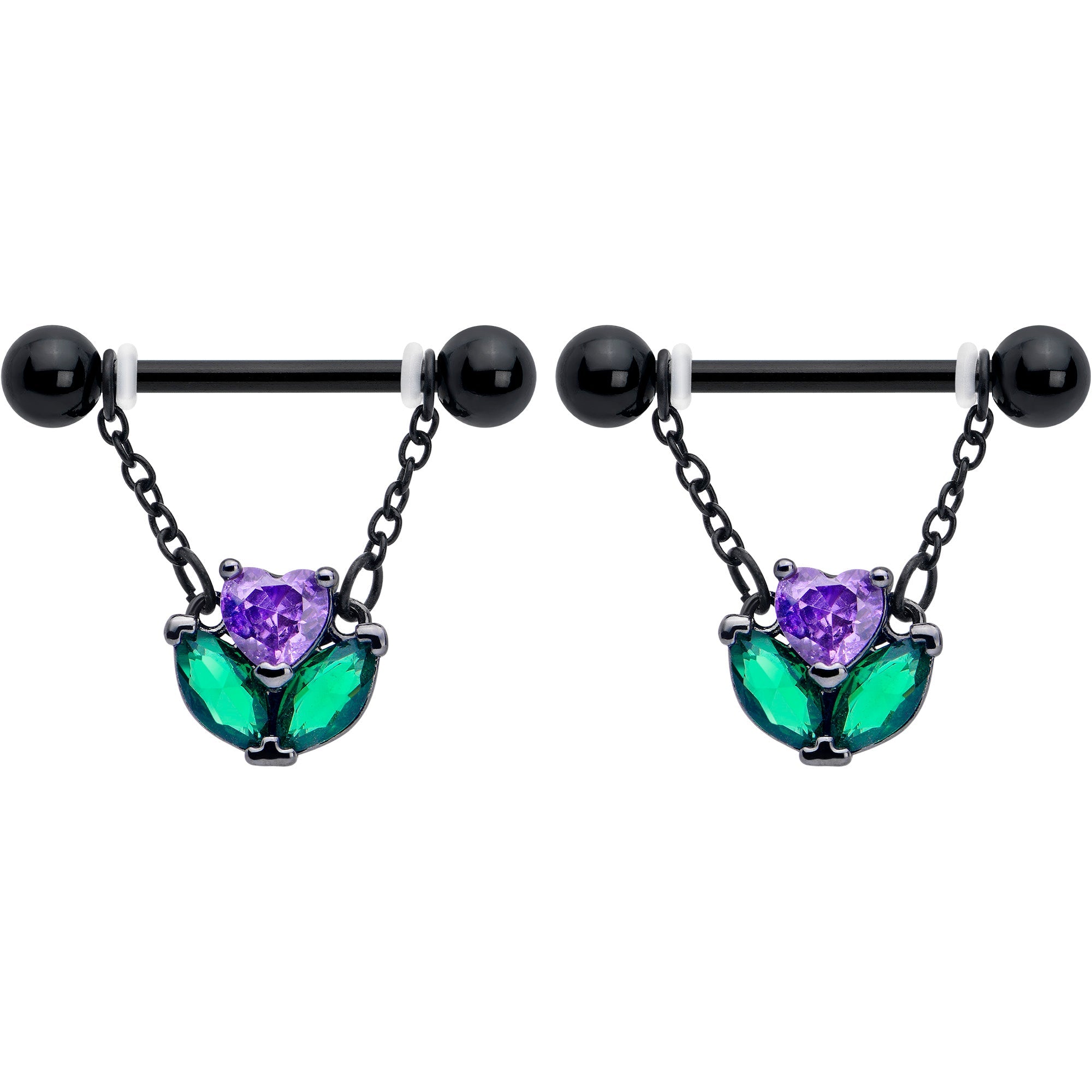 BodyCandy 14G 9/16 Purple CZ Gem Black Love Flower Dangle Nipple Ring Set — detail close-up