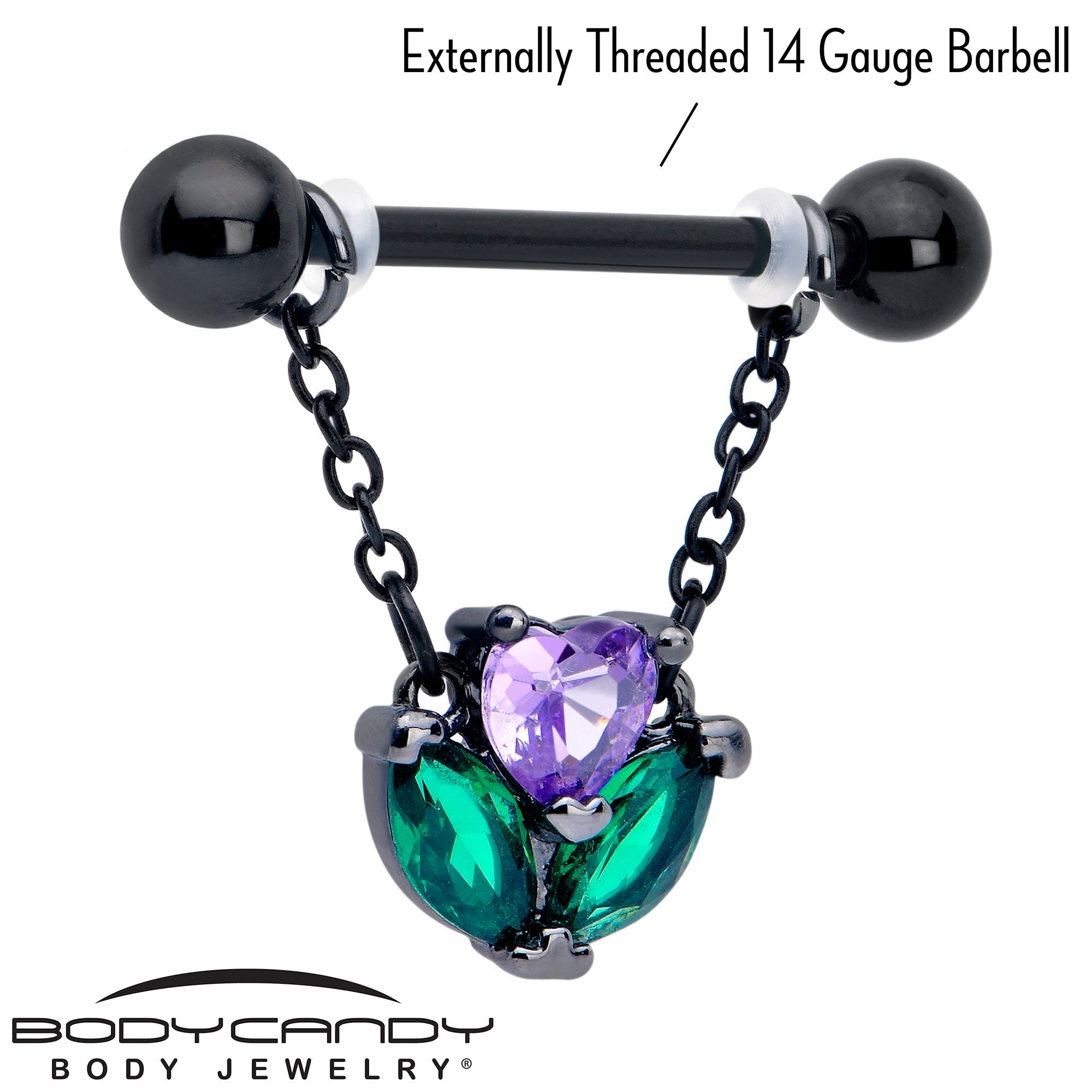 BodyCandy 14G 9/16 Purple CZ Gem Black Love Flower Dangle Nipple Ring Set — lifestyle context