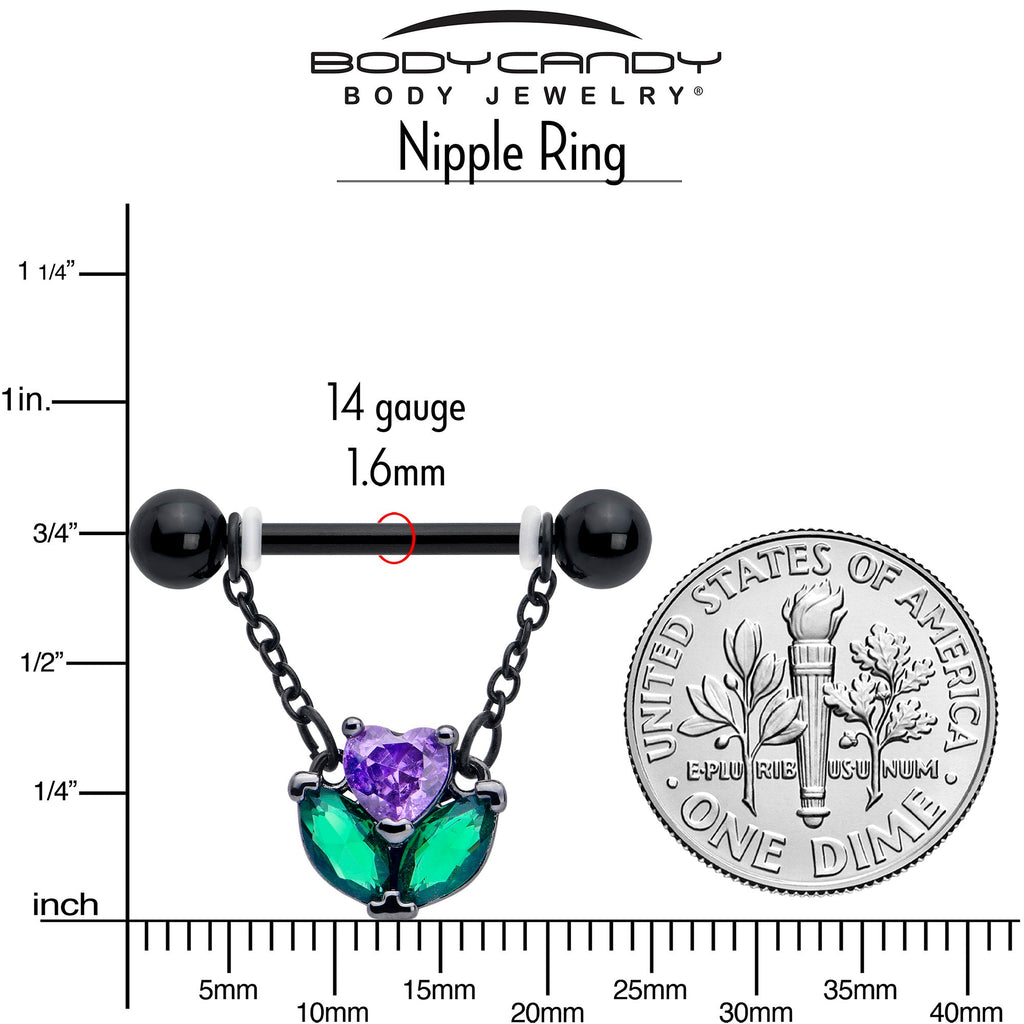 BodyCandy 14G 9/16 Purple CZ Gem Black Love Flower Dangle Nipple Ring Set — side view