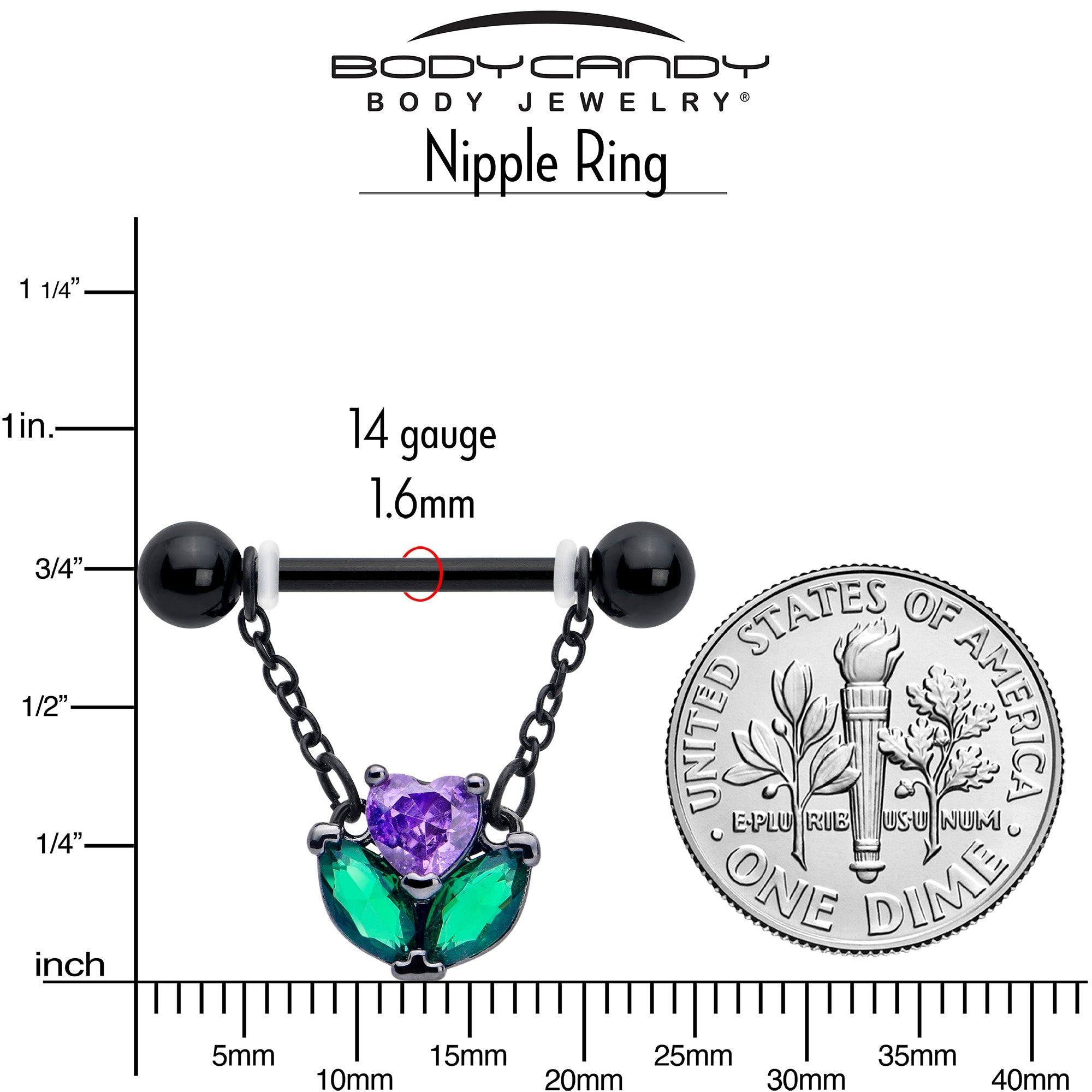 BodyCandy 14G 9/16 Purple CZ Gem Black Love Flower Dangle Nipple Ring Set — side view