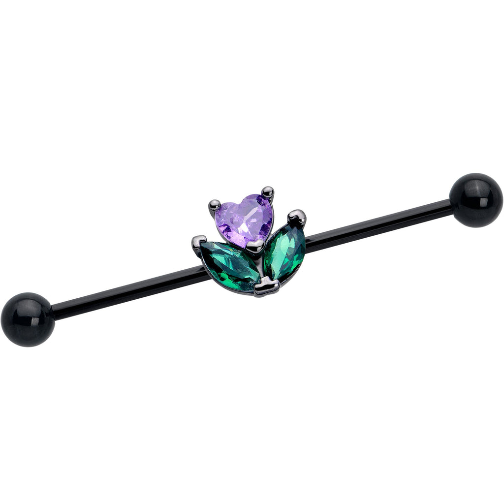BodyCandy 14G Purple Green CZ Gem Black Love Flower Industrial Barbell 38mm — main product shot