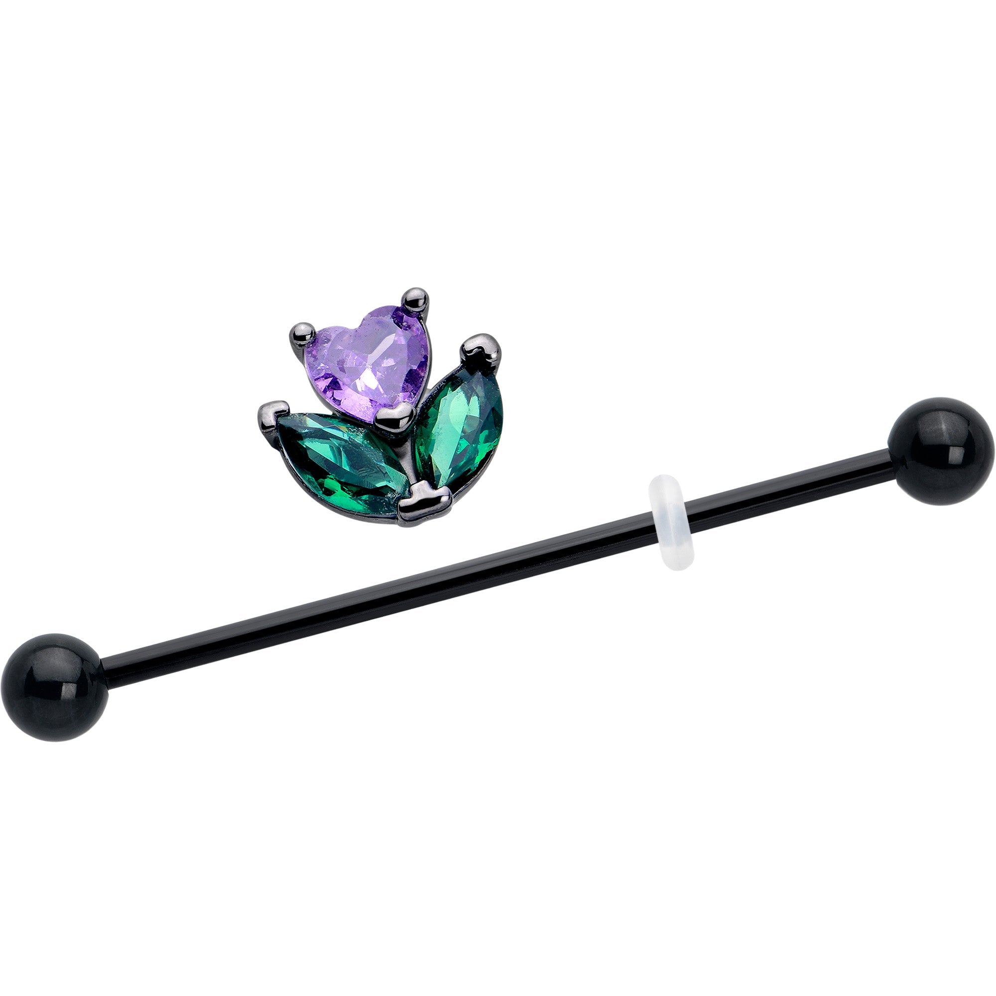BodyCandy 14G Purple Green CZ Gem Black Love Flower Industrial Barbell 38mm — detail close-up