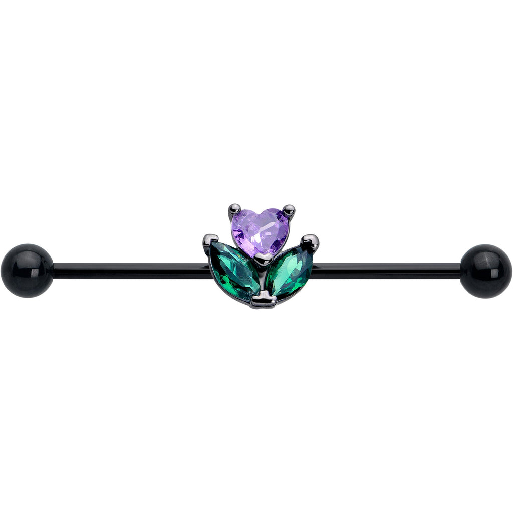 BodyCandy 14G Purple Green CZ Gem Black Love Flower Industrial Barbell 38mm — lifestyle context