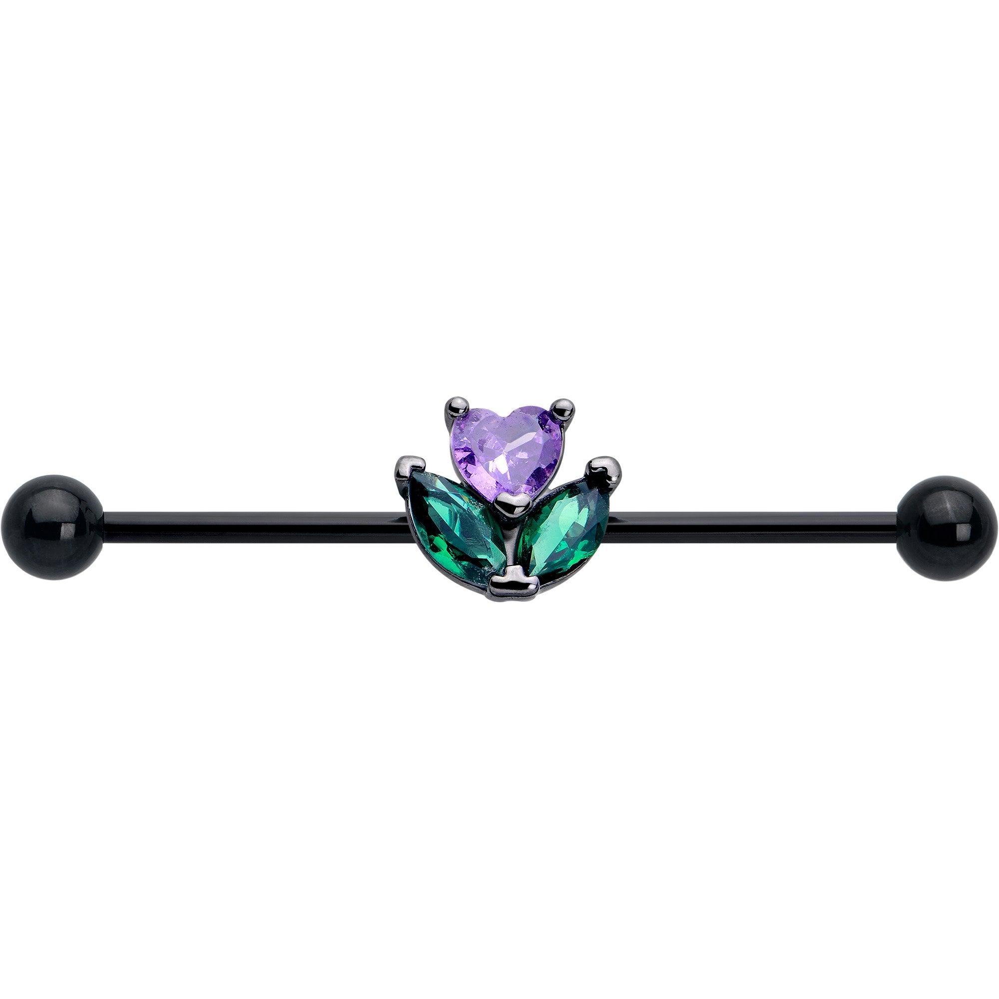 BodyCandy 14G Purple Green CZ Gem Black Love Flower Industrial Barbell 38mm — lifestyle context