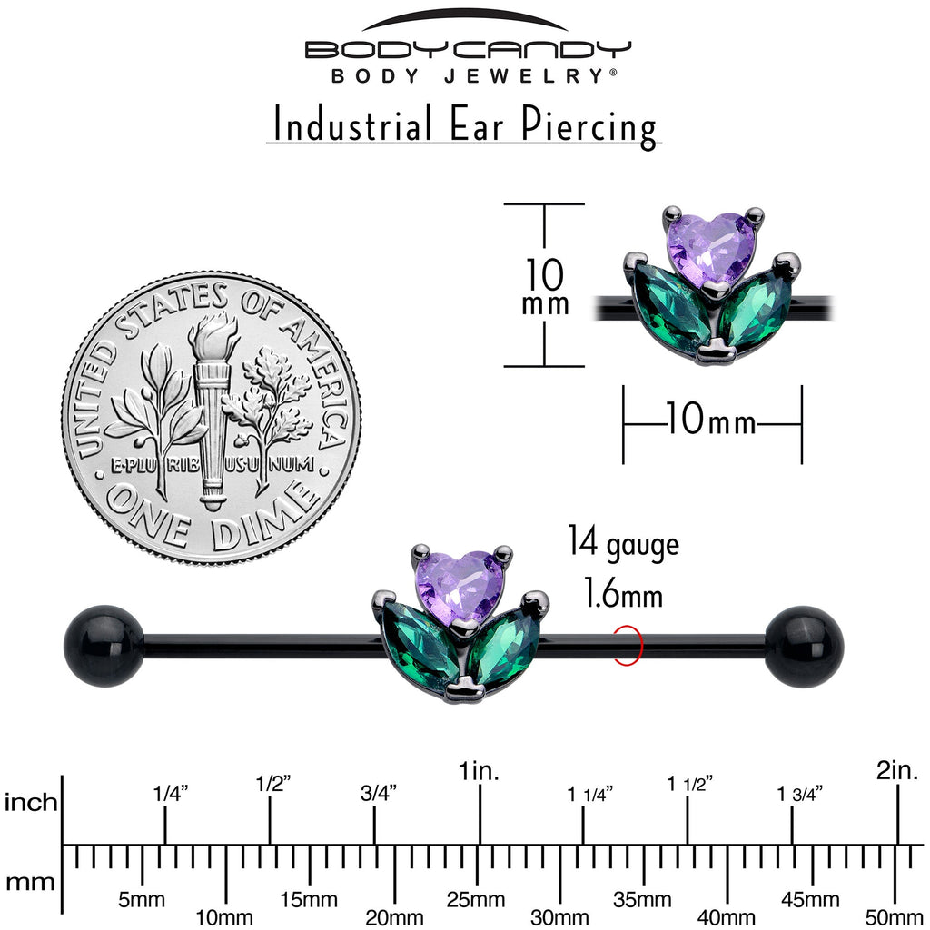 BodyCandy 14G Purple Green CZ Gem Black Love Flower Industrial Barbell 38mm — back view