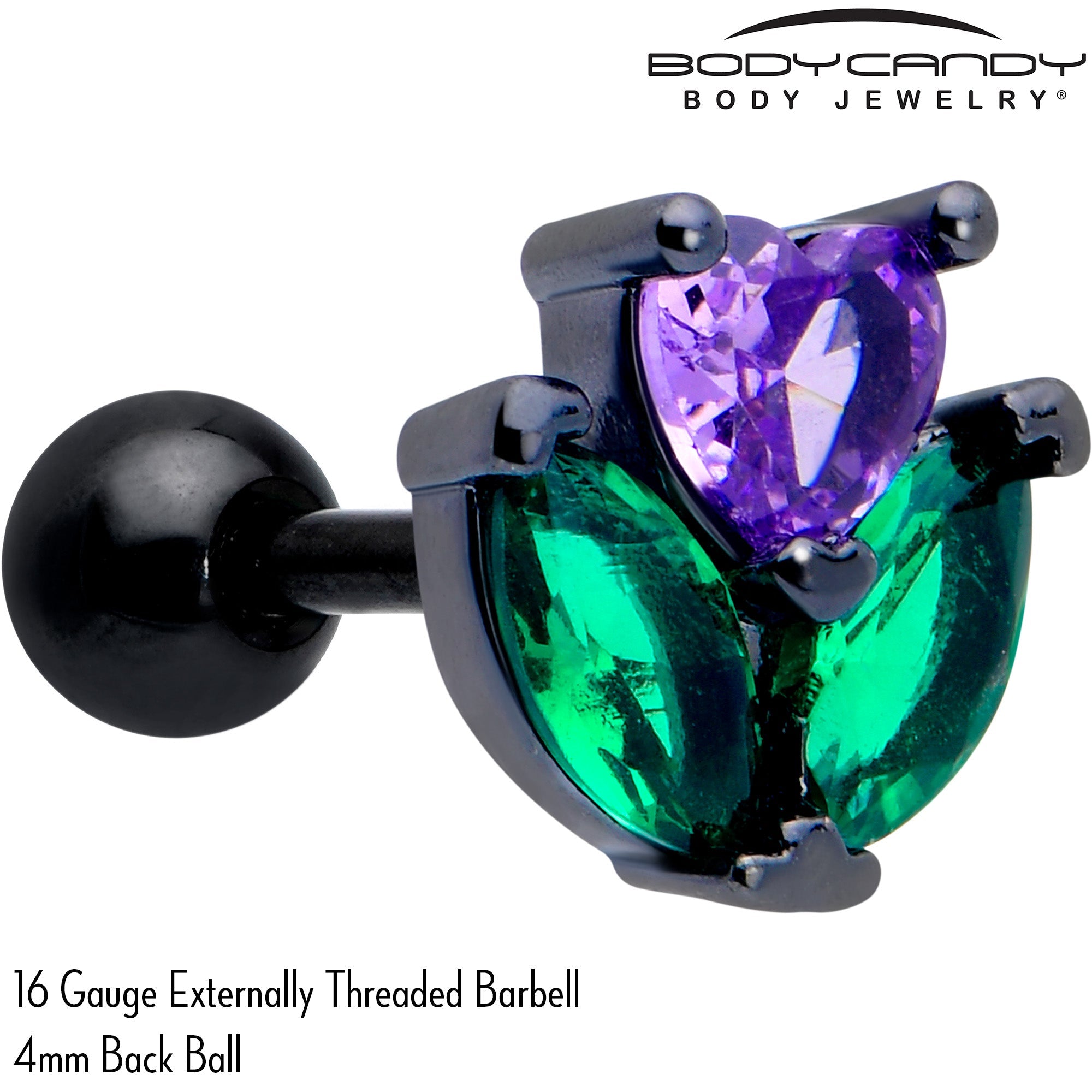 BodyCandy 16G 1/4 Purple Green CZ Gem Black Love Flower Cartilage Earring — detail close-up