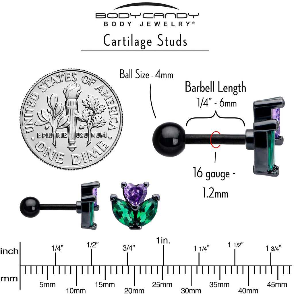 BodyCandy 16G 1/4 Purple Green CZ Gem Black Love Flower Cartilage Earring — back view