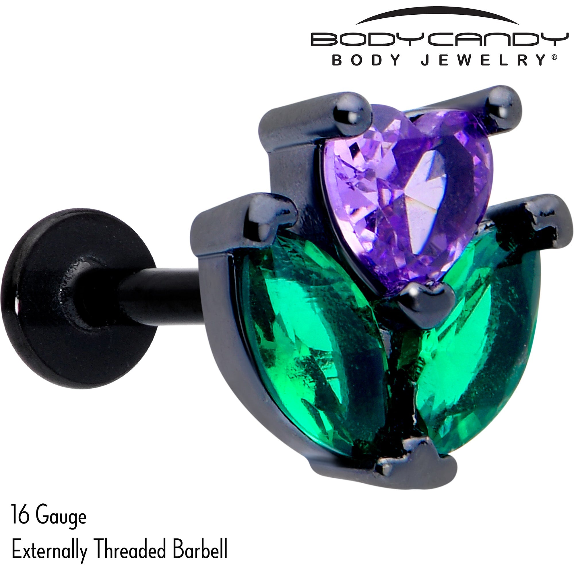 BodyCandy 16G 5/16 Purple Green CZ Gem Black Love Flower Labret Monroe Tragus — detail close-up