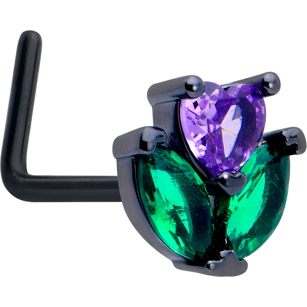 BodyCandy 20G 7mm Purple Green CZ Gem Black Love Flower L Shape Nose Ring — main product shot
