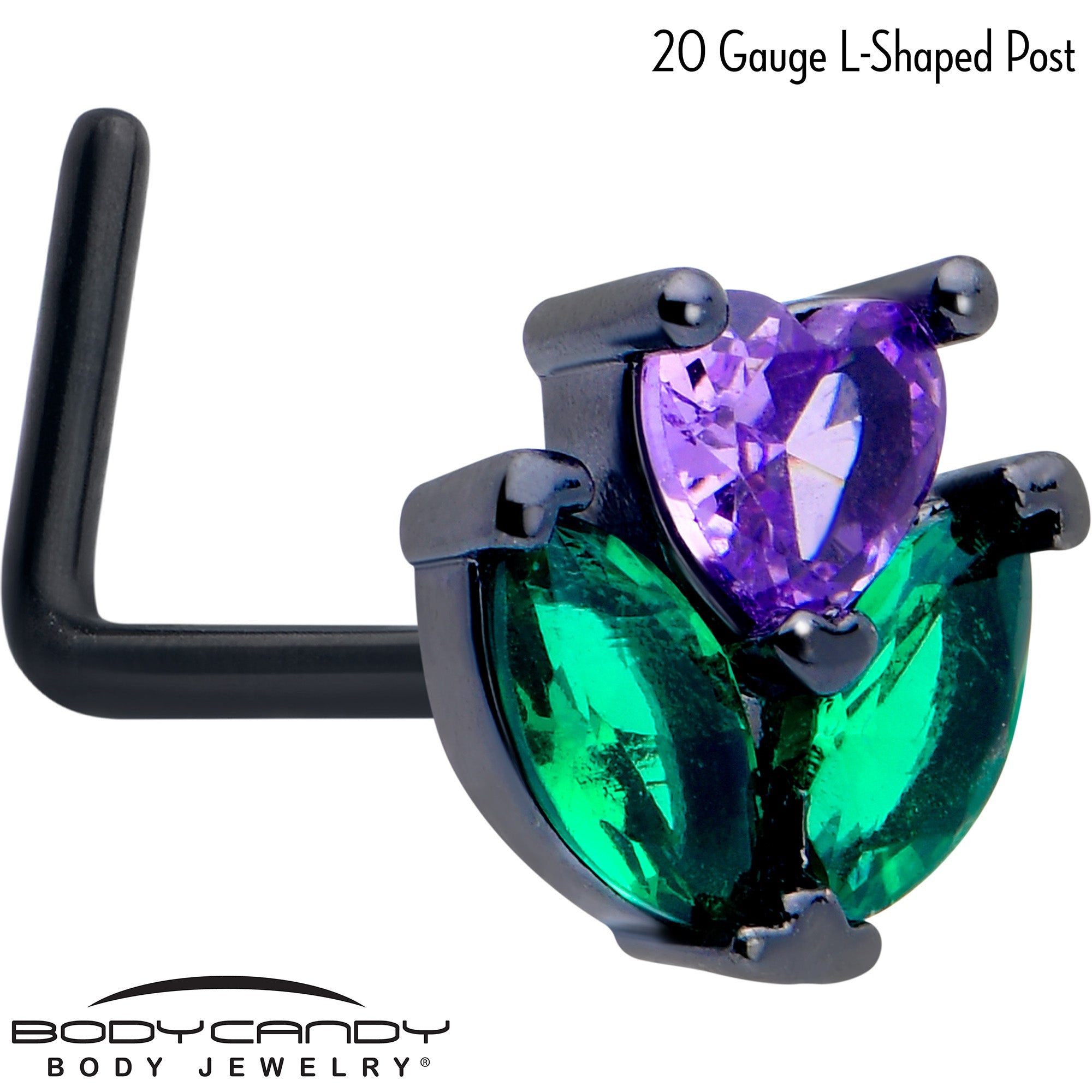 BodyCandy 20G 7mm Purple Green CZ Gem Black Love Flower L Shape Nose Ring — detail close-up