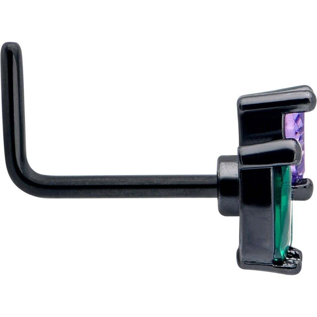 BodyCandy 20G 7mm Purple Green CZ Gem Black Love Flower L Shape Nose Ring — side view