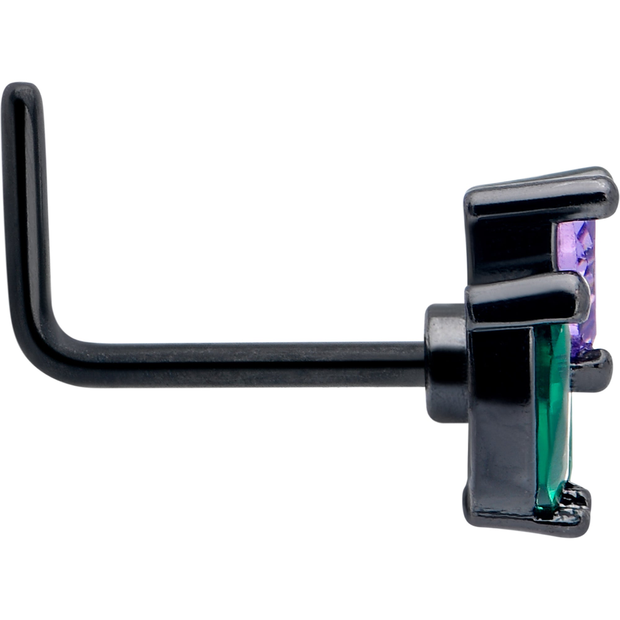 BodyCandy 20G 7mm Purple Green CZ Gem Black Love Flower L Shape Nose Ring — side view