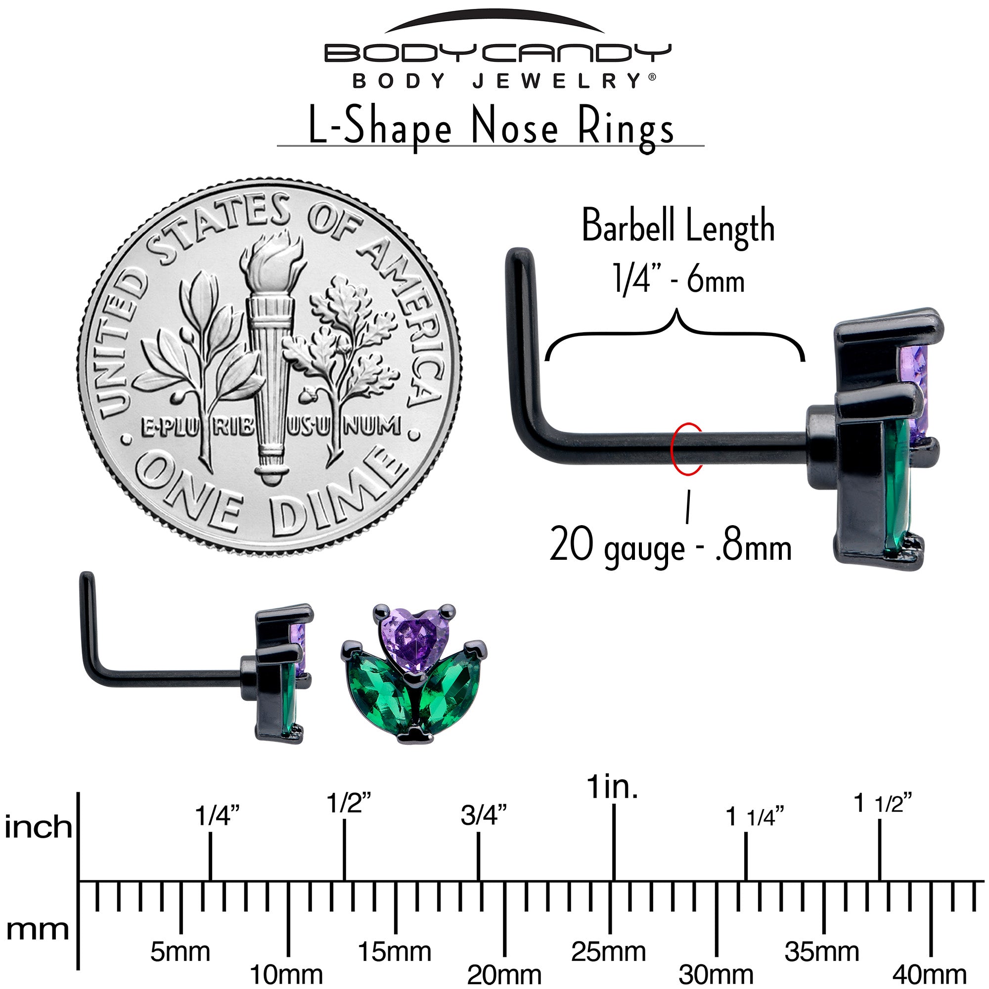 BodyCandy 20G 7mm Purple Green CZ Gem Black Love Flower L Shape Nose Ring — back view