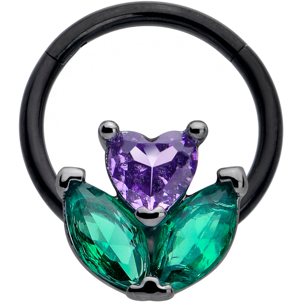BodyCandy 16G 3/8 Purple Green CZ Gem Black Love Flower Hinged Segment Ring — main product shot