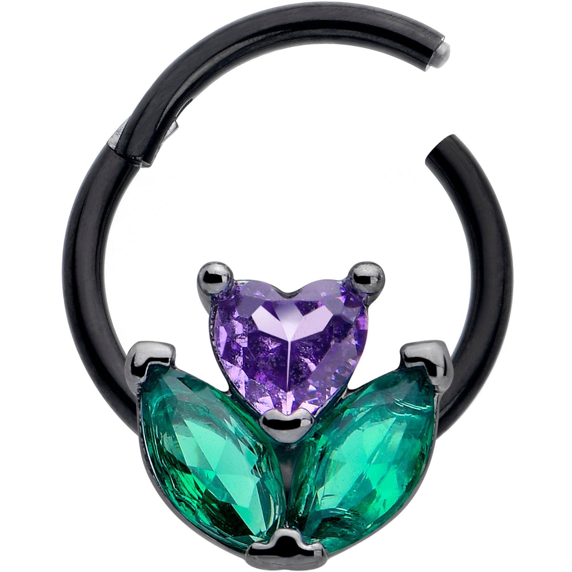 BodyCandy 16G 3/8 Purple Green CZ Gem Black Love Flower Hinged Segment Ring — detail close-up