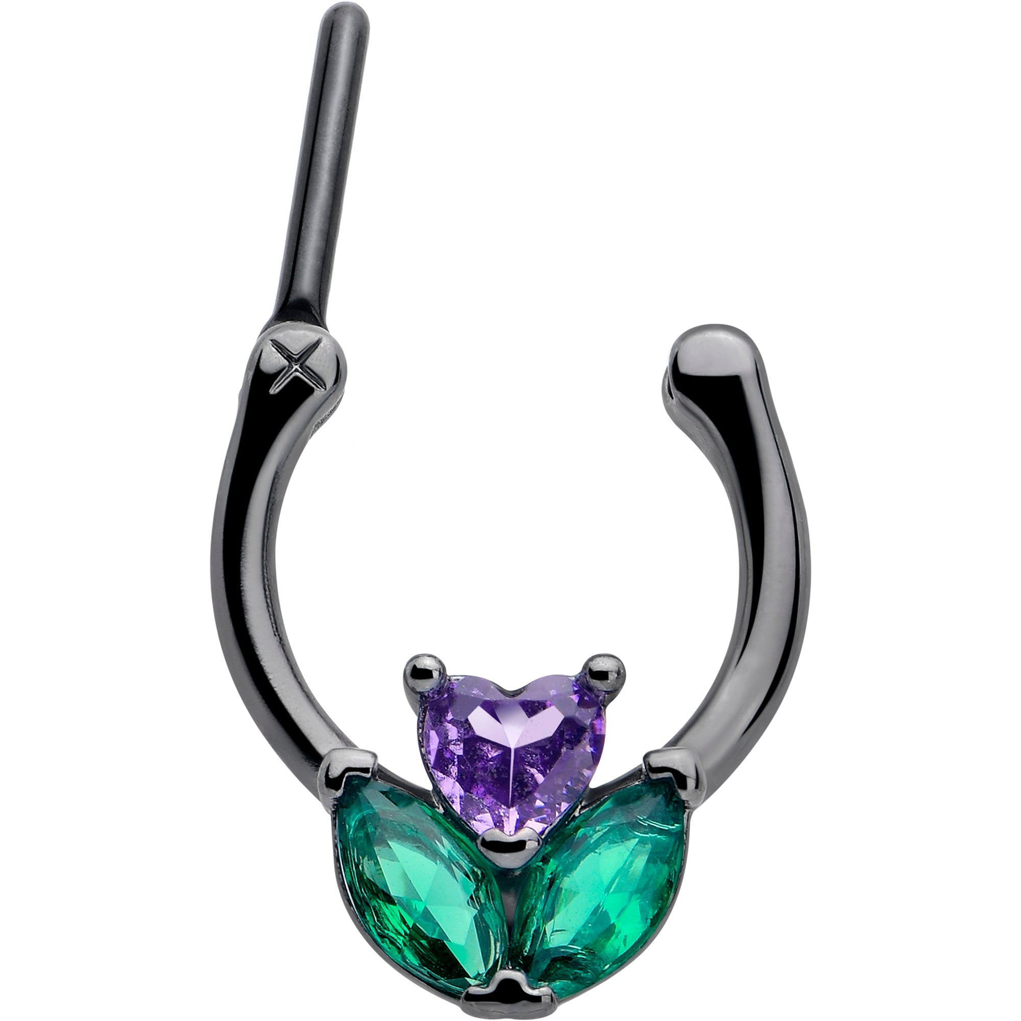 BodyCandy 16G 5/16 Purple Green CZ Gem Black Love Flower Cartilage Clicker — detail close-up