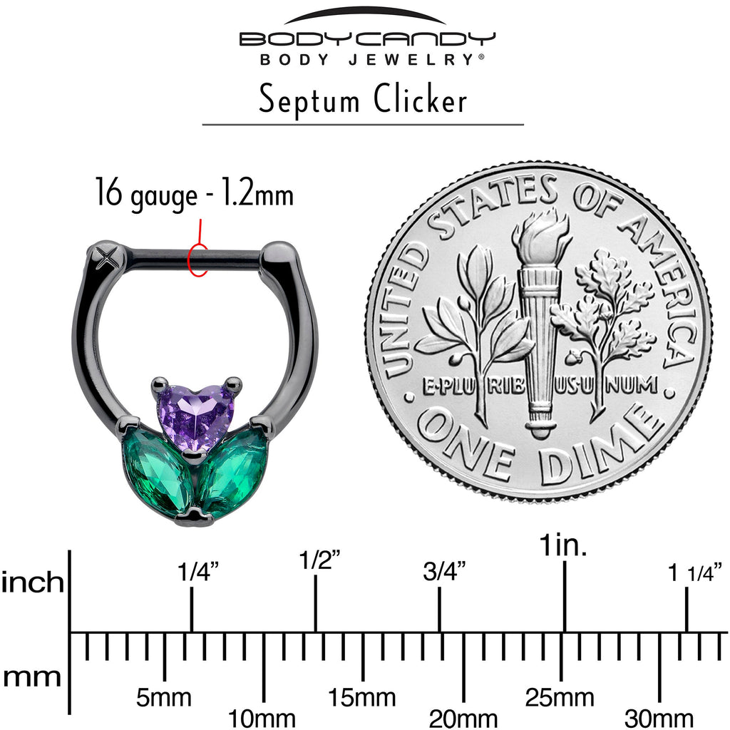 BodyCandy 16G 5/16 Purple Green CZ Gem Black Love Flower Cartilage Clicker — side view
