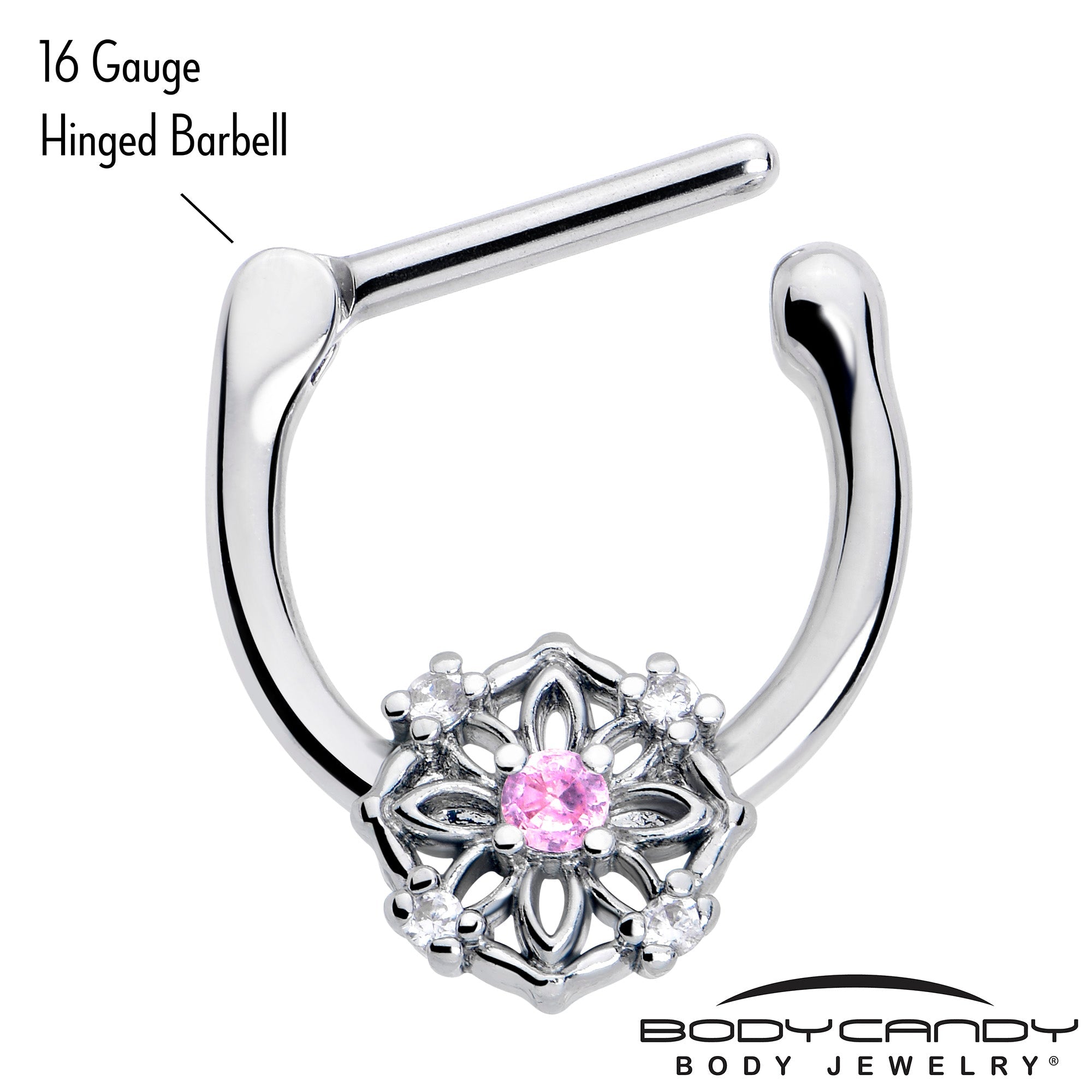 BodyCandy 16G 5/16 Pink Clear CZ Gem Flower Circle Cartilage Clicker — detail close-up