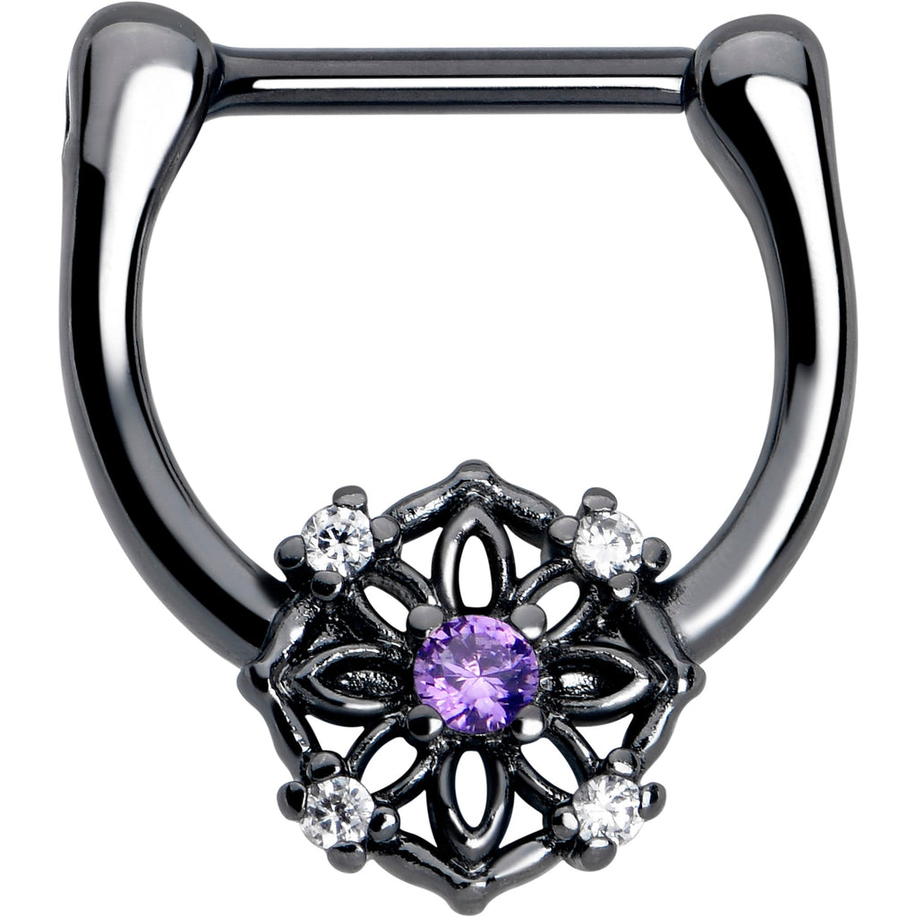 BodyCandy 16G 5/16 Purple Clear CZ Gem Black Flower Ring Cartilage Clicker — main product shot