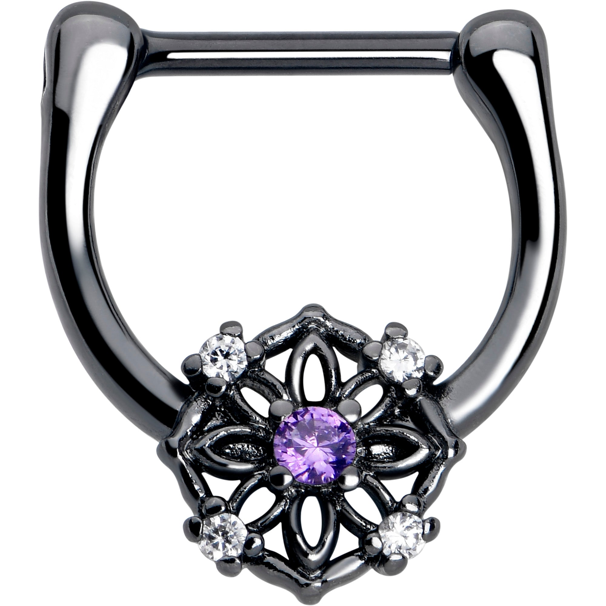 BodyCandy 16G 5/16 Purple Clear CZ Gem Black Flower Ring Cartilage Clicker — main product shot