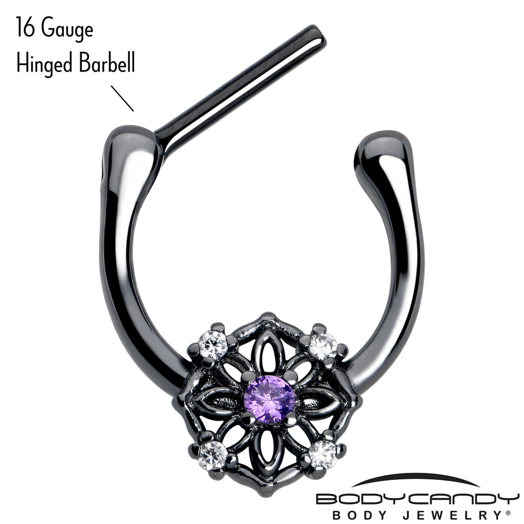 BodyCandy 16G 5/16 Purple Clear CZ Gem Black Flower Ring Cartilage Clicker — detail close-up