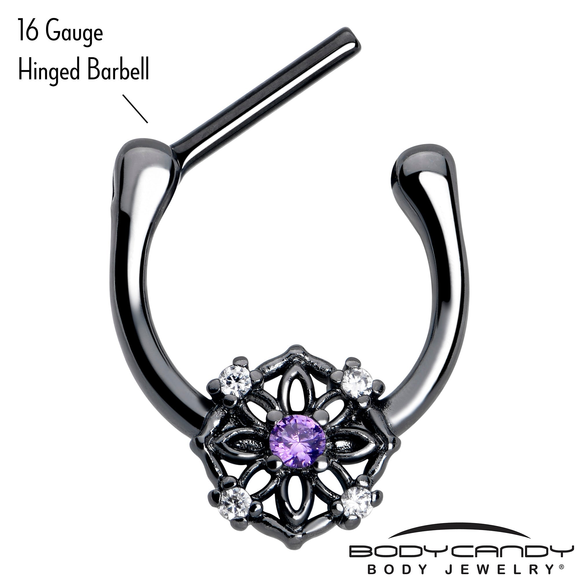 BodyCandy 16G 5/16 Purple Clear CZ Gem Black Flower Ring Cartilage Clicker — detail close-up